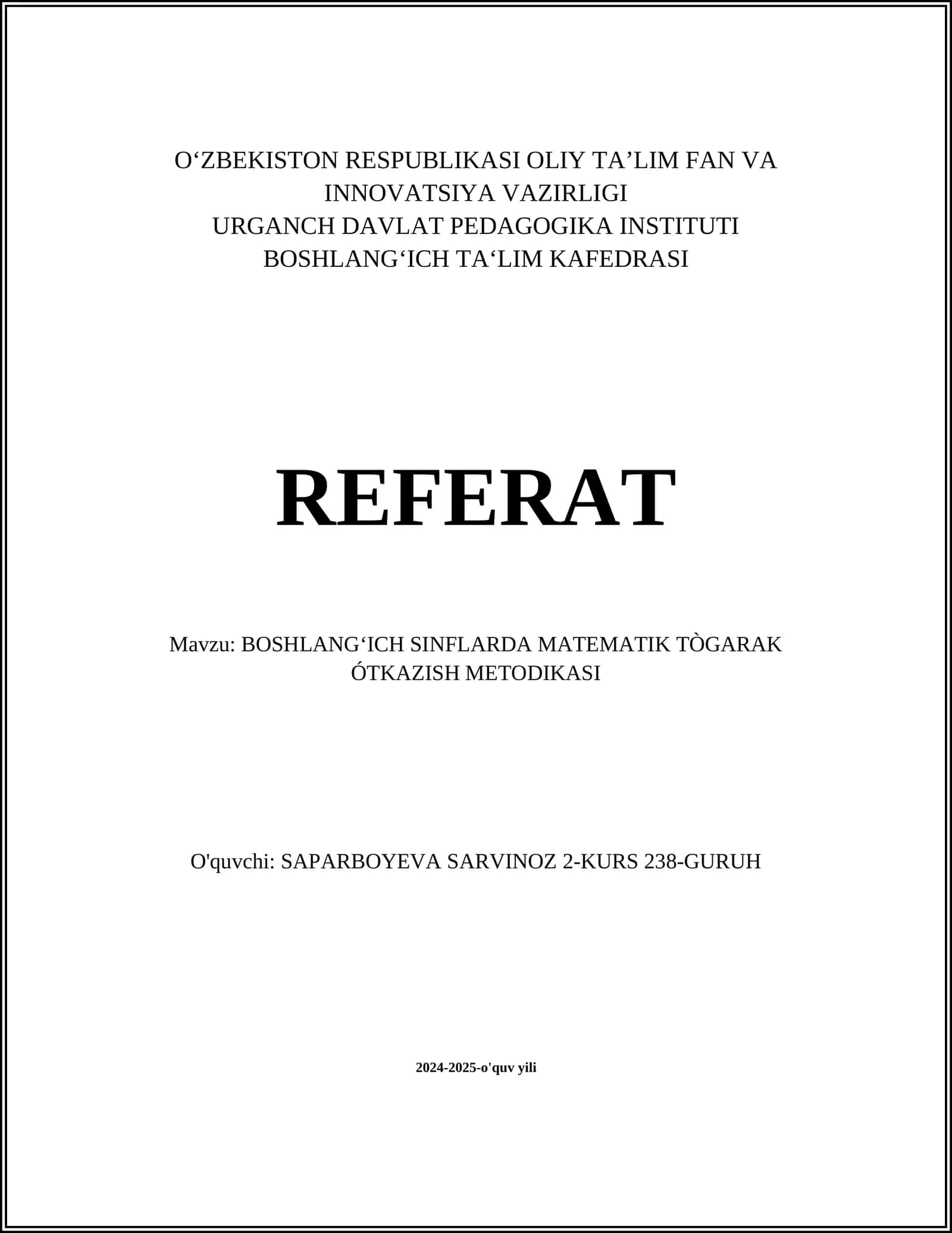 BOSHLANGʻICH SINFLARDA MATEMATIK TÒGARAK ÓTKAZISH METODIKASI 1