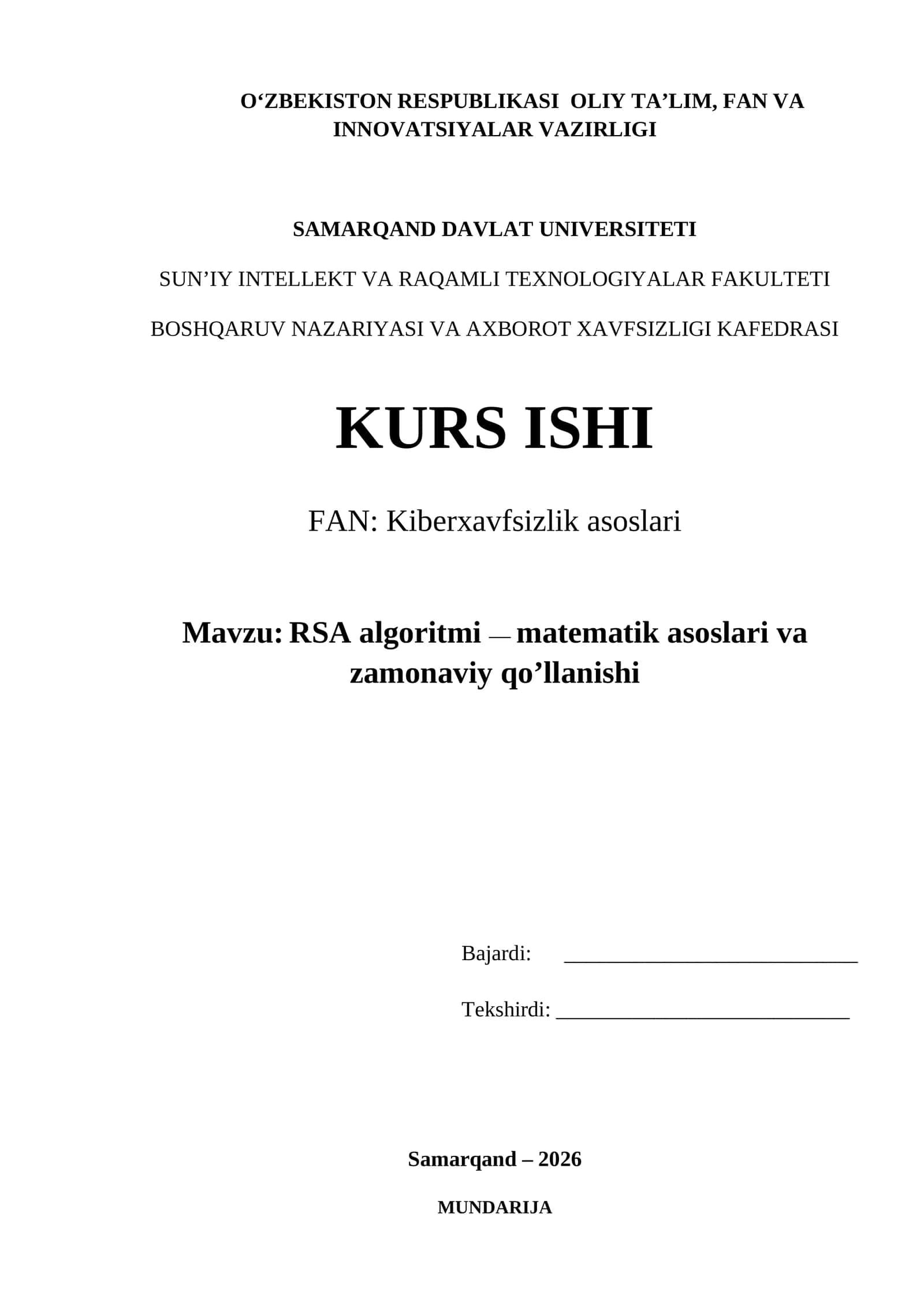 RSA algoritmi — matematik asoslari va zamonaviy qo’llanishi 1