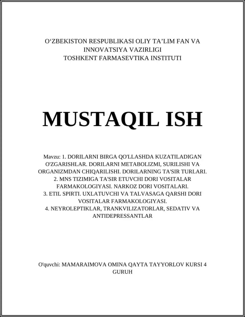 Dorilarni Birga Qo'llashda Kuzatiladigan Farmakokinetik O'zaro Ta'sirlar 1