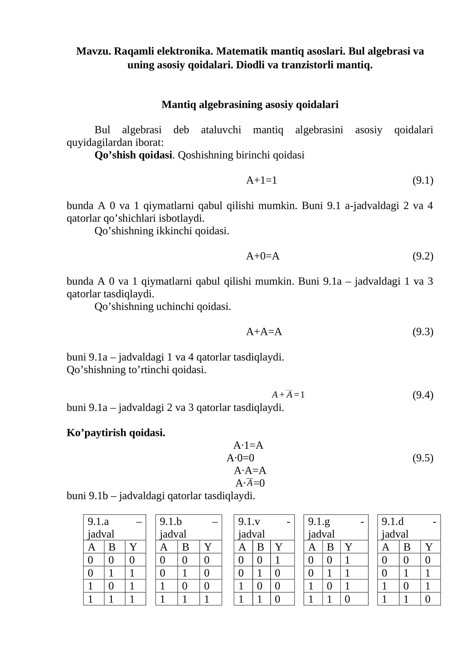 Raqamli elektronika. Matematik mantiq asoslari 1