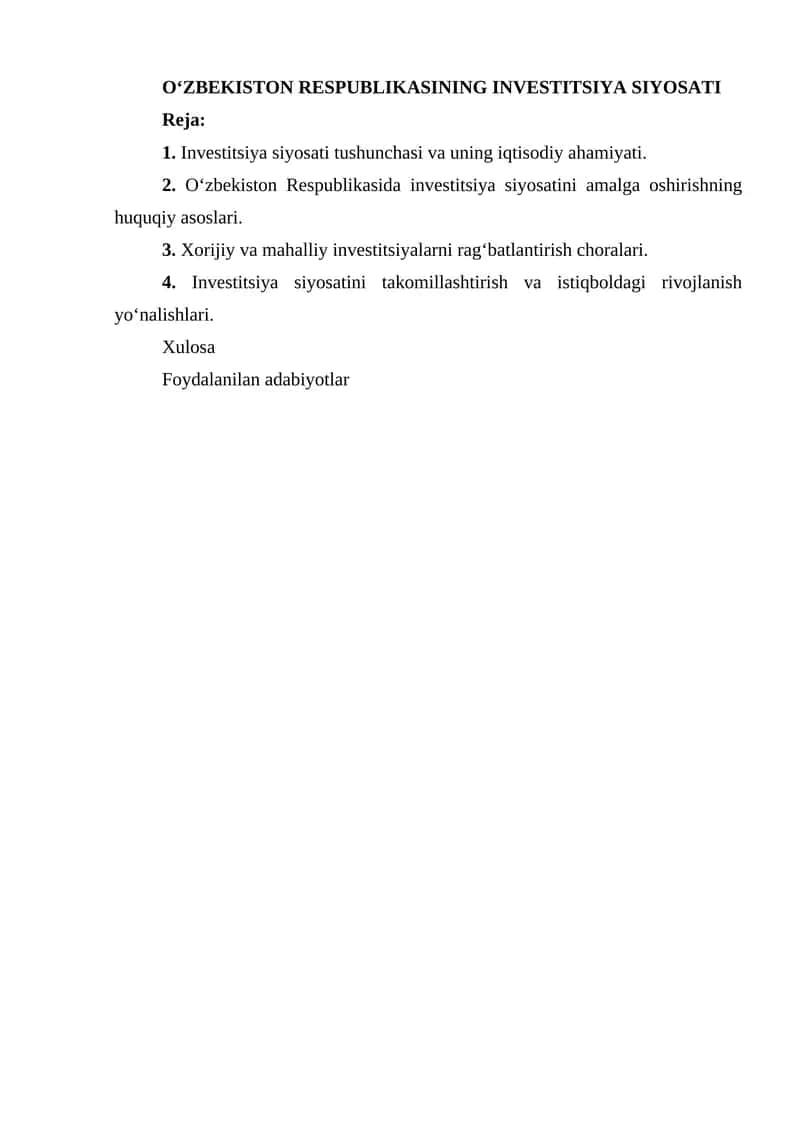 OʻZBEKISTON RESPUBLIKASINING INVESTITSIYA SIYOSATI 1