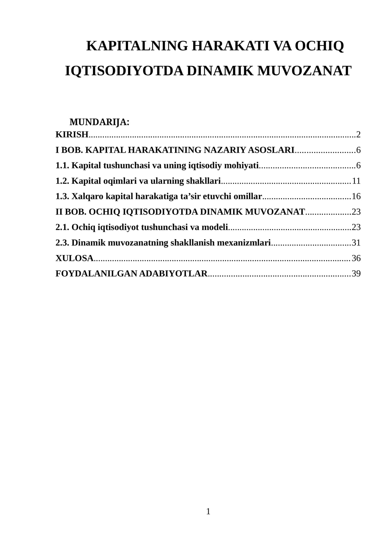 KAPITALNING HARAKATI VA OCHIQ IQTISODIYOTDA DINAMIK MUVOZANAT 1