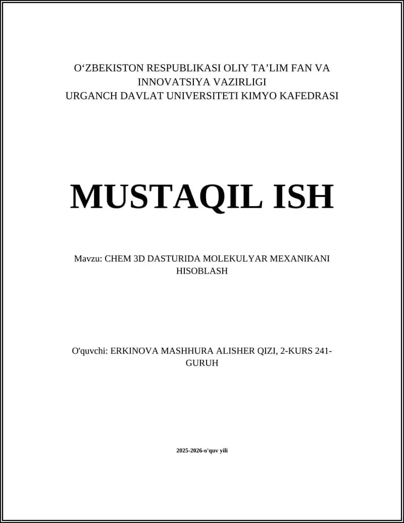CHEM 3D DASTURIDA MOLEKULYAR MEXANIKANI HISOBLASH 1