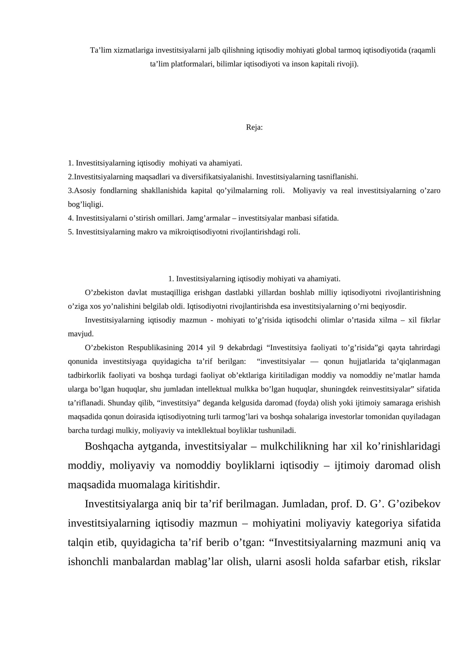 Investitsiyalarning iqtisodiy mohiyati va ahamiyati 1