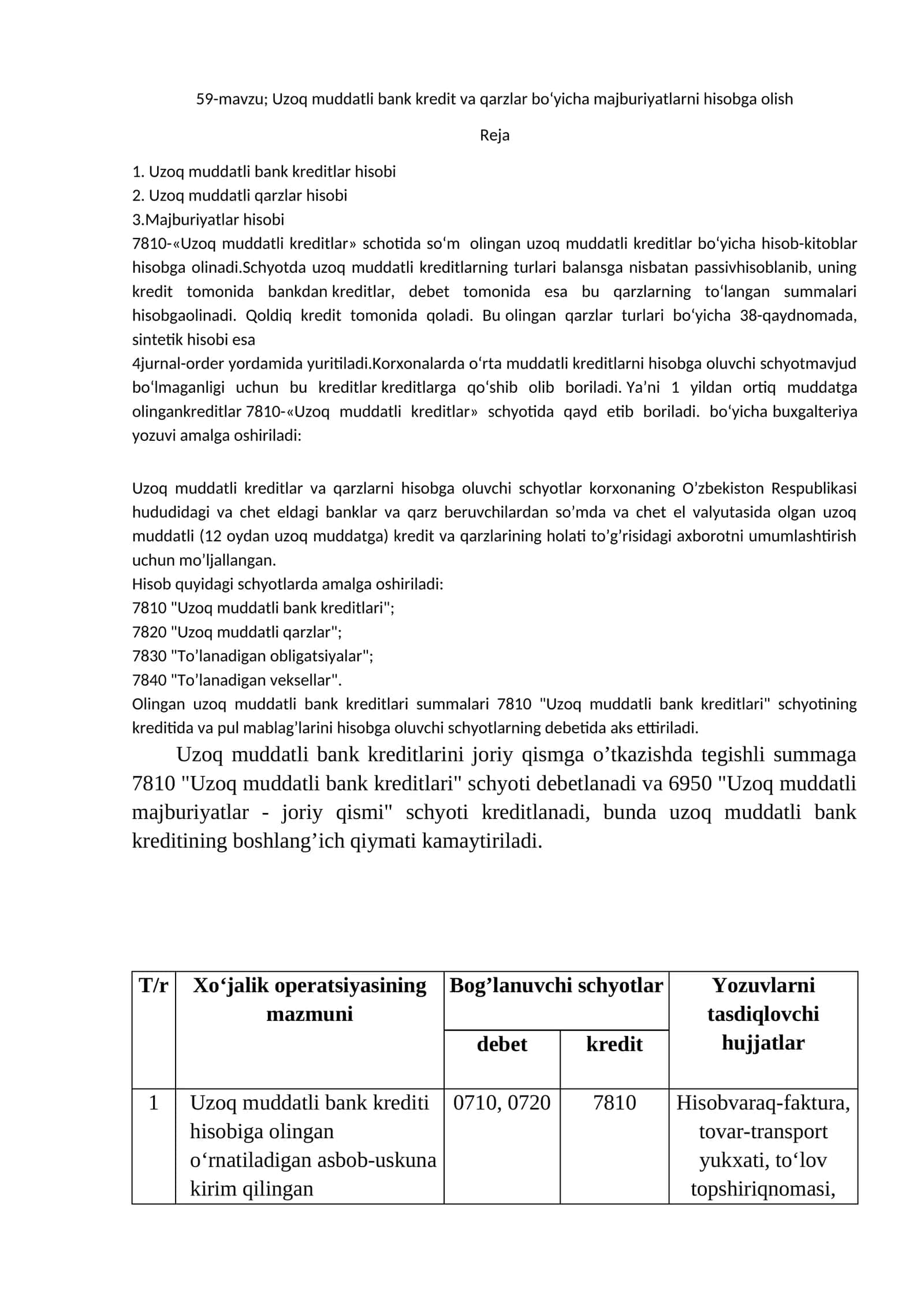 Uzoq muddatli bank kredit va qarzlar bo‘yicha majburiyatlarni hisobga olish 1