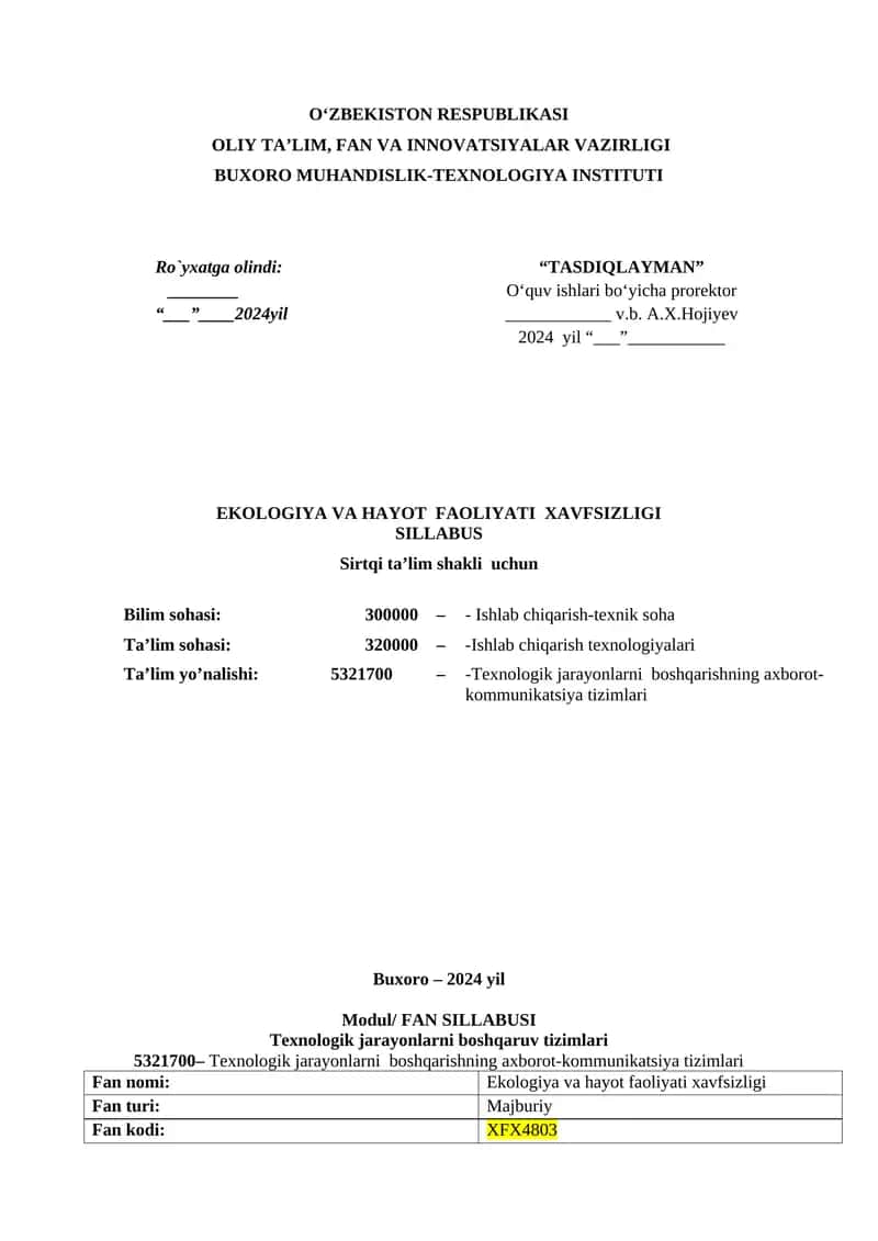 Ekologiya va hayot faoliyati xavfsizligi 1