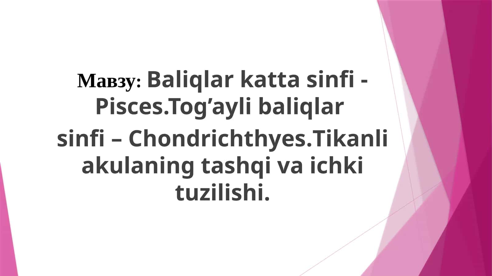 Baliqlarkattasinfi- Pisces.Tog’aylibaliqlar sinfi–Chondrichthyes.Tikanliakulaningtashqivaichkituzilishi. Tog’aylibaliqlarsistematikasi 1