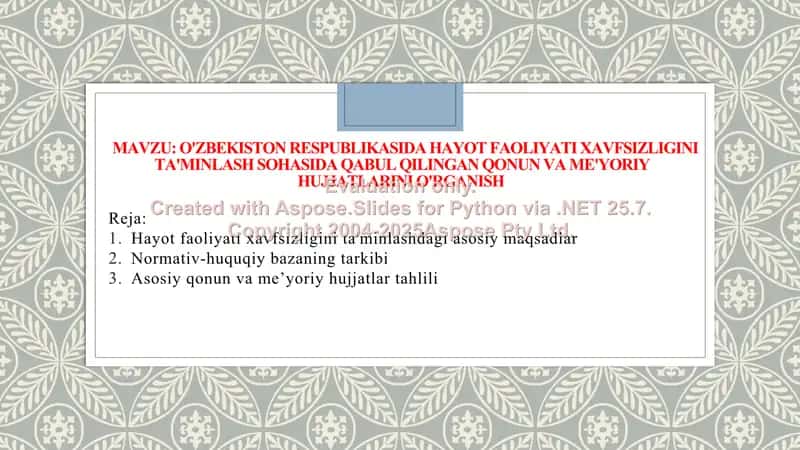 O'zbekiston Respublikasida hayot faoliyati xavfsizligini ta'minlash sohasida qabul qilingan qonun va me'yoriy hujjatlarini o'rganish 1