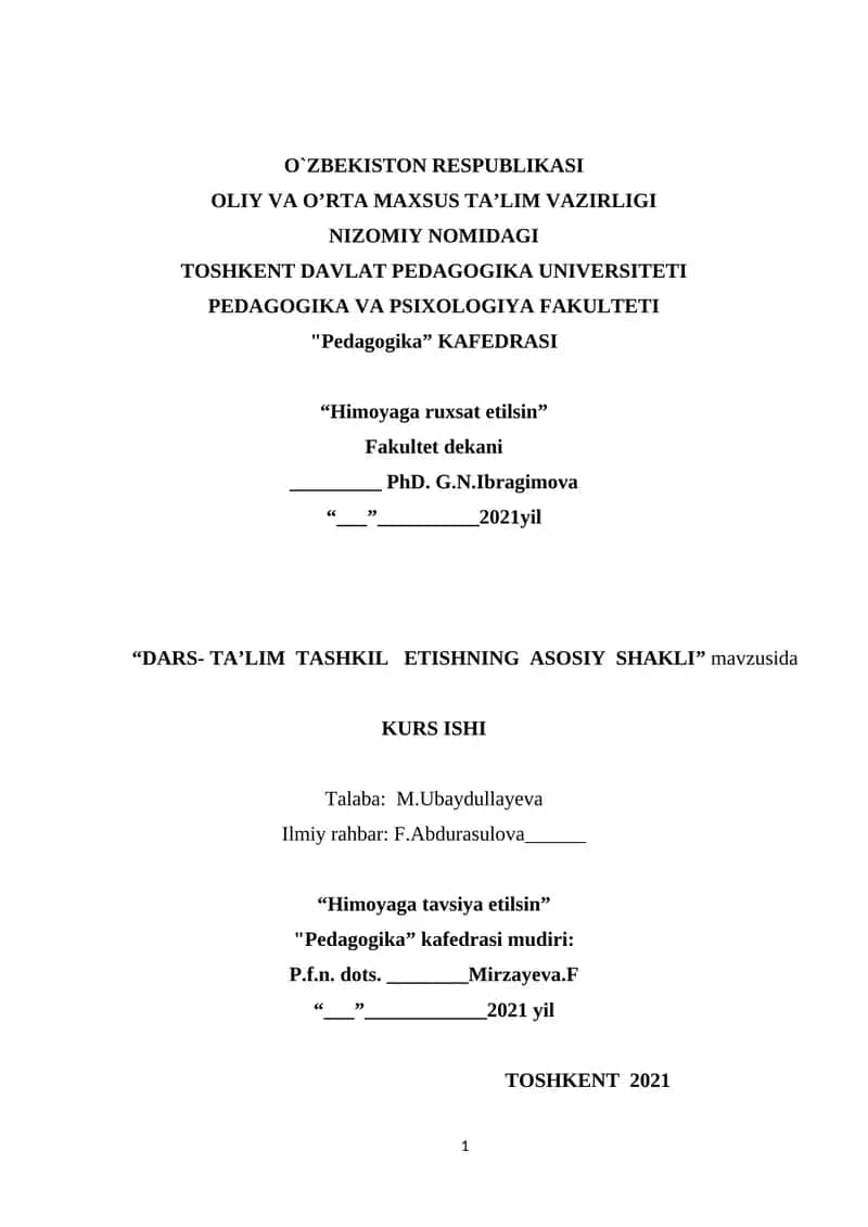 Dars- Ta'lim Tashkil Etishning Asosiy Shakli 1