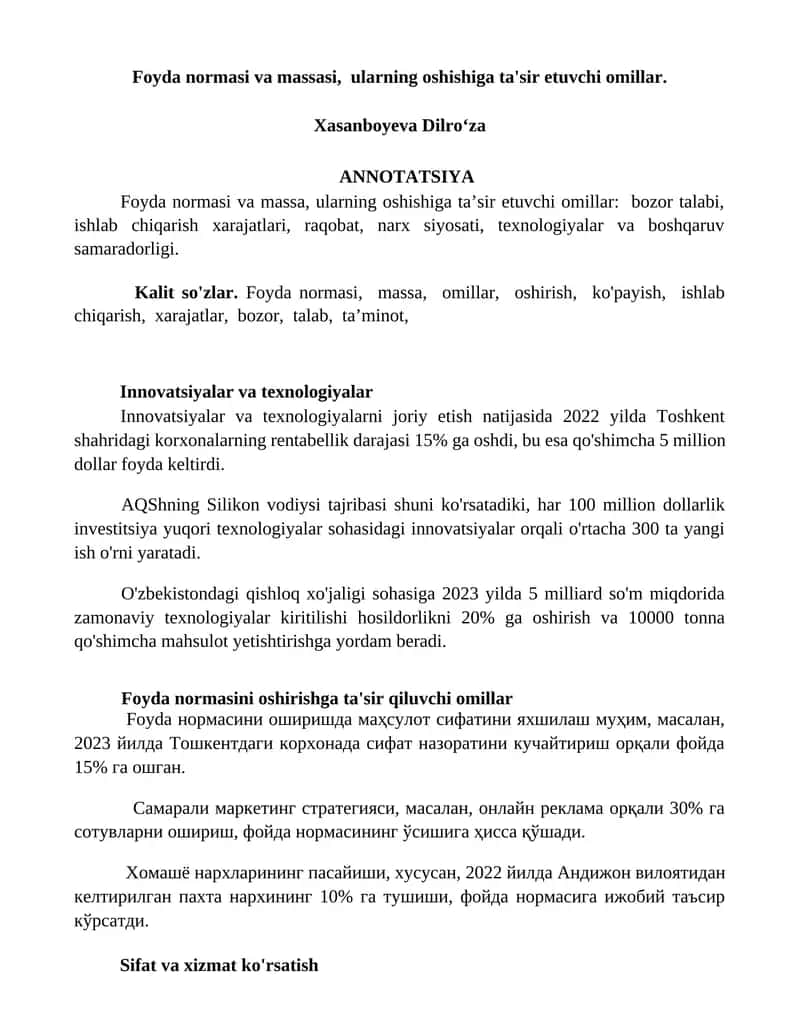 Foyda normasi va massasi, ularning oshishiga ta'sir etuvchi omillar 1