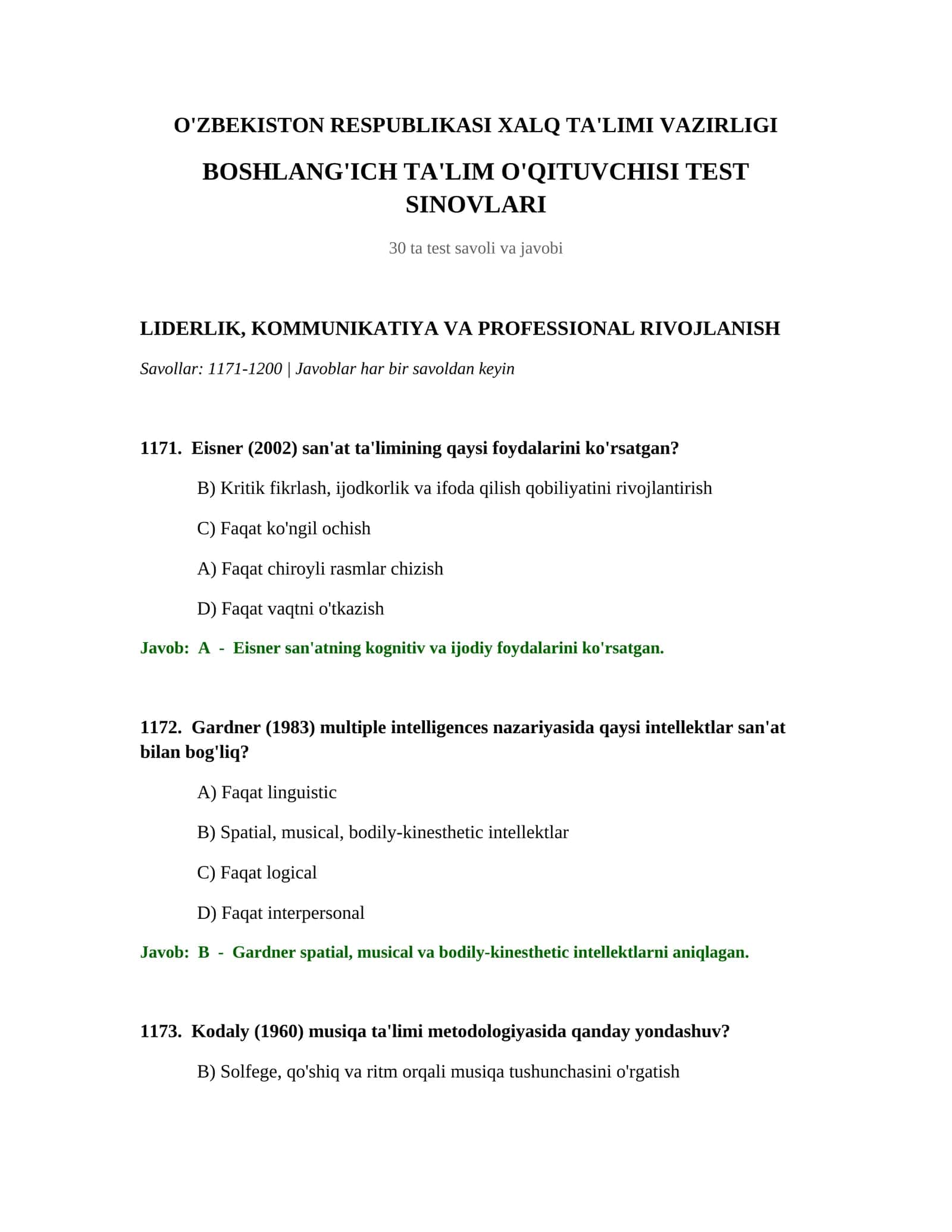 Boshlang'ich ta'lim o'qituvchisi test sinovlari 1