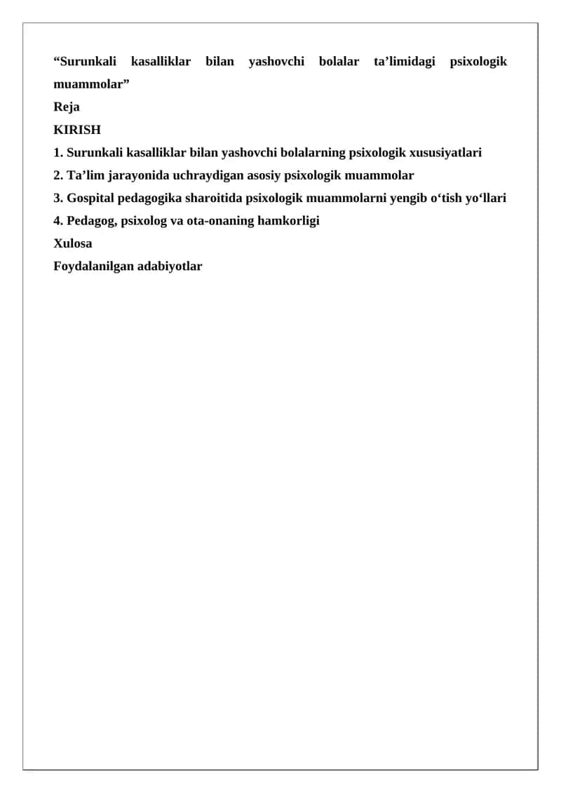 Surunkali kasalliklar bilan yashovchi bolalar ta’limidagi psixologik muammolar 1