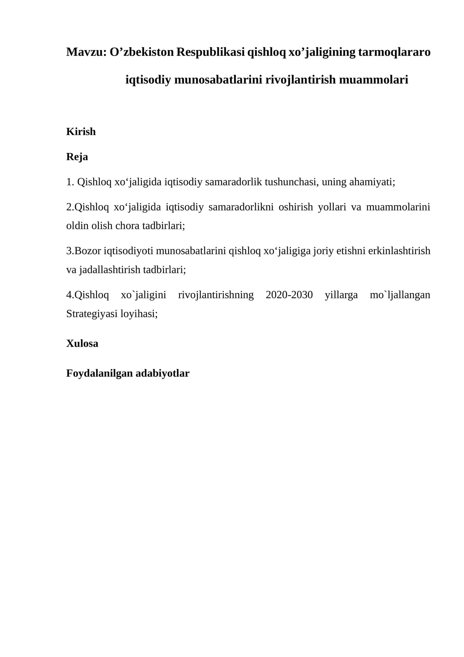 O’zbekiston Respublikasi qishloq xo’jaligining tarmoqlararo iqtisodiy munosabatlarini rivojlantirish muammolari 1