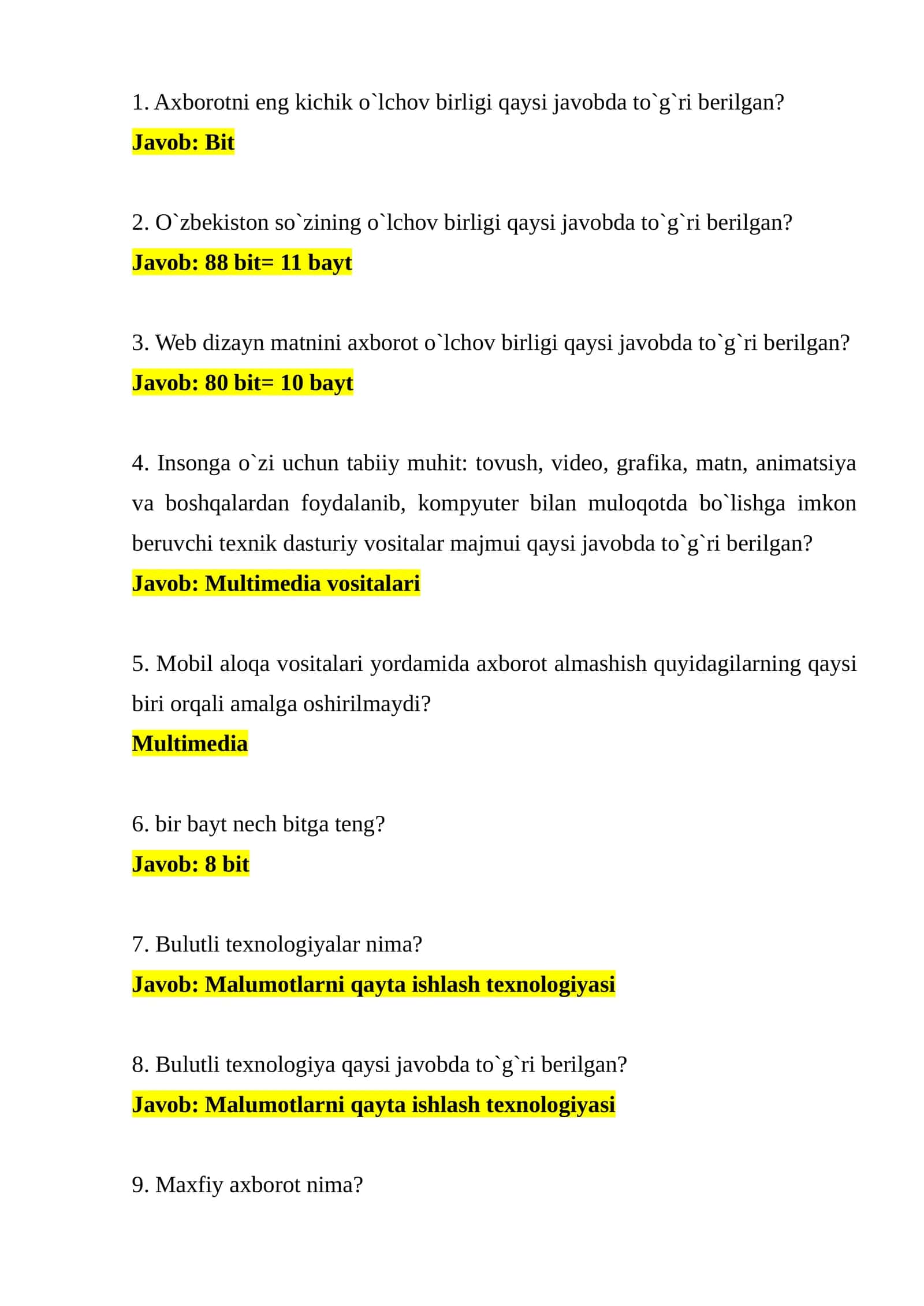 Kompyuter savodxonligi argos savol javoblari akt 1