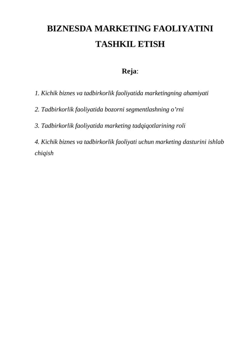 BIZNESDA MARKETING FAOLIYATINI TASHKIL ETISH 1