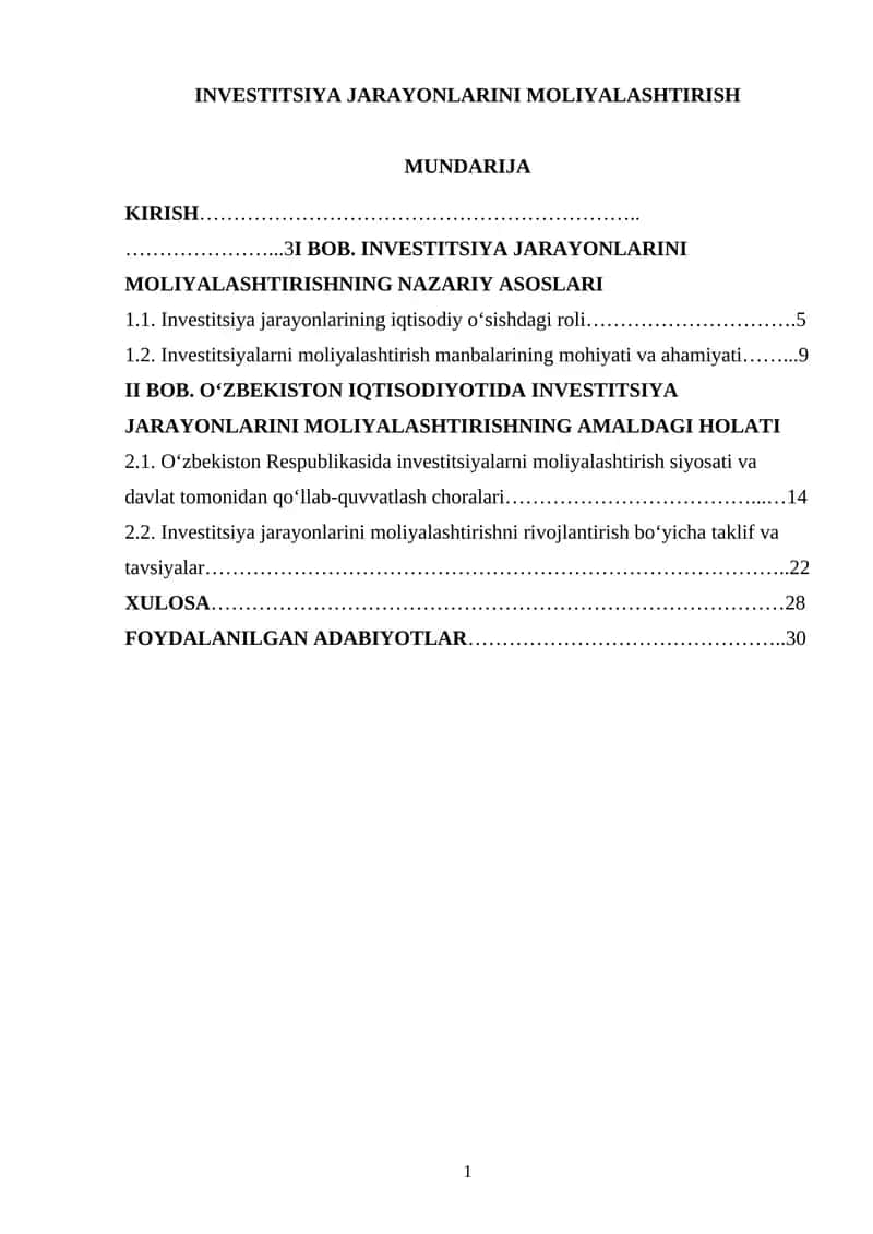 Investitsiya jarayonlarini moliyalashtirish 1