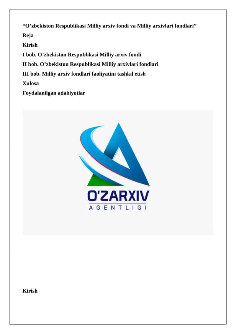 O’zbekiston Respublikasi Milliy arxiv fondi va Milliy arxivlari fondlari 1
