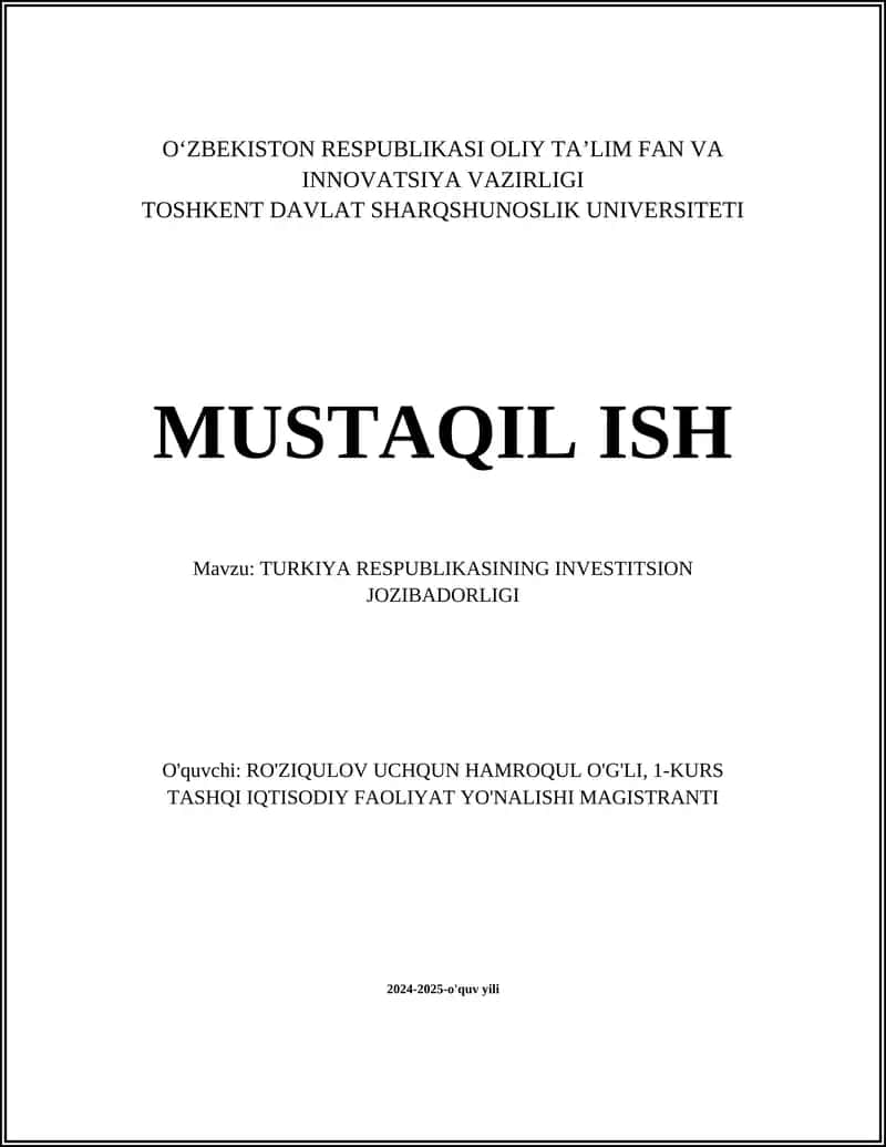 TURKIYA RESPUBLIKASINING INVESTITSION JOZIBADORLIGI 1
