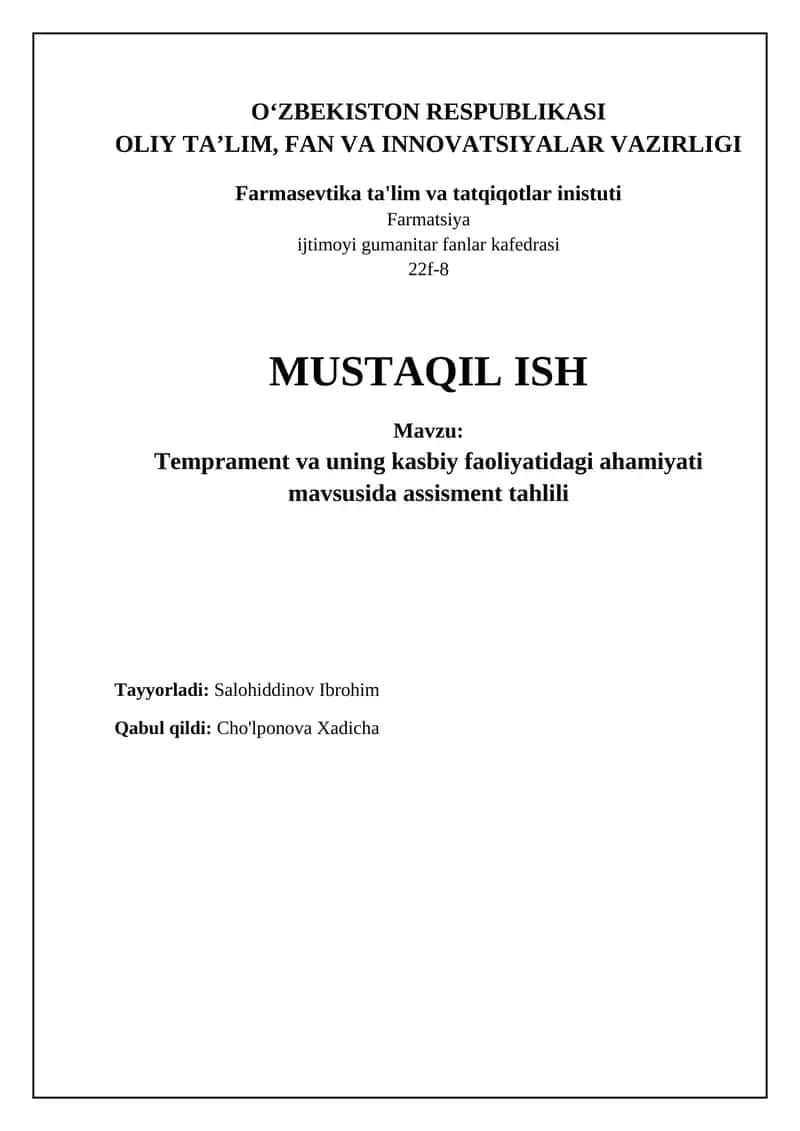 Temperamentning ta'rifi, turlari va fiziologik asoslari 1