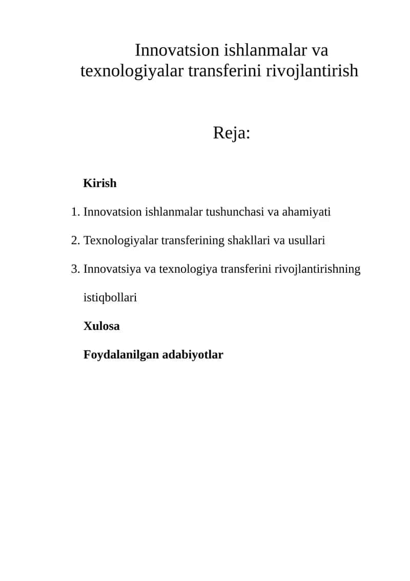 Innovatsion ishlanmalar va texnologiyalar transferini rivojlantirish 1