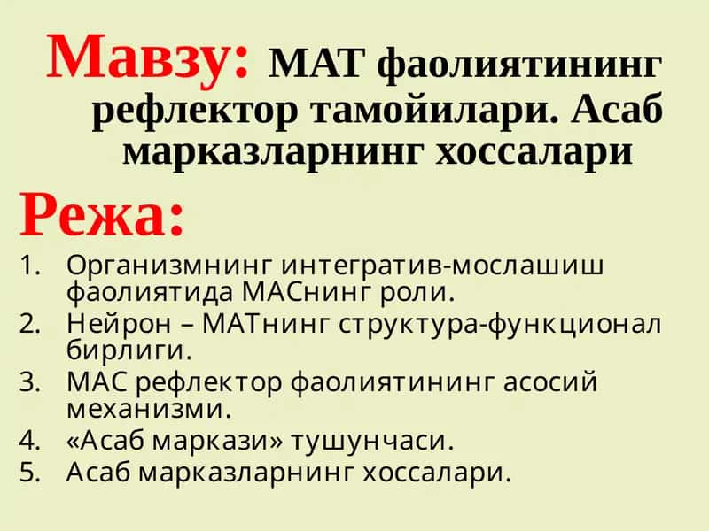 МАТ фаолиятининг рефлектор тамойилари. Асаб марказларнинг хоссалари 1