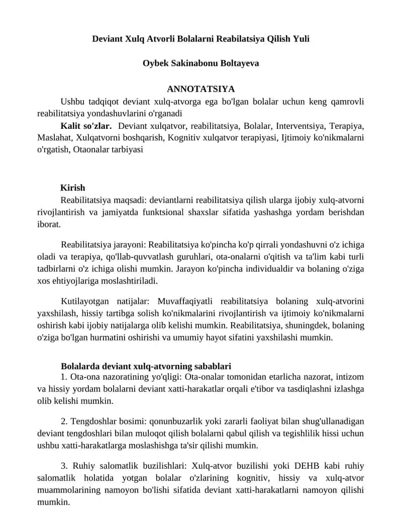 Deviant Xulq Atvorli Bolalarni Reabilatsiya Qilish Yuli 1
