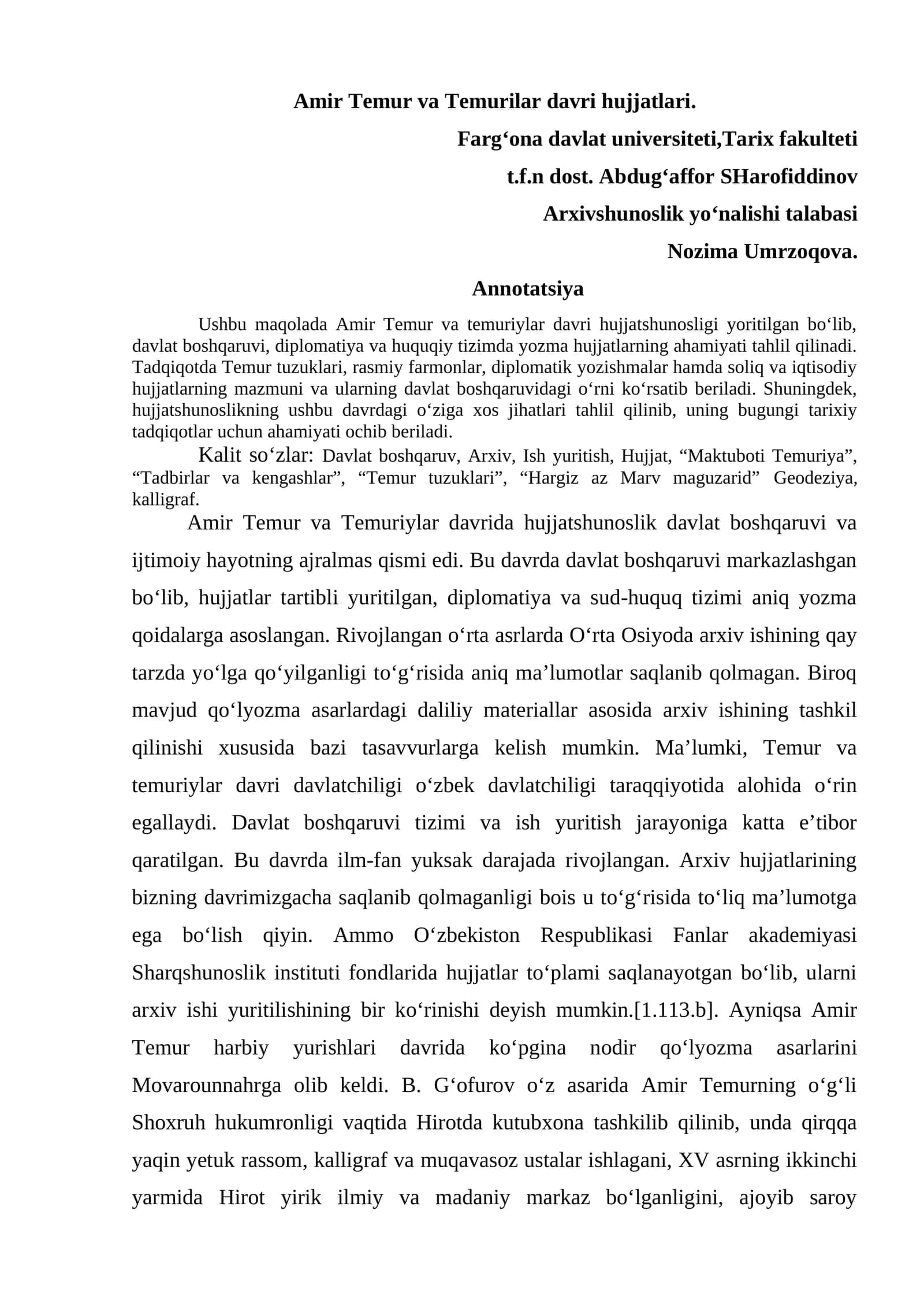 Amir Temur va Temurilar davri hujjatlari 1