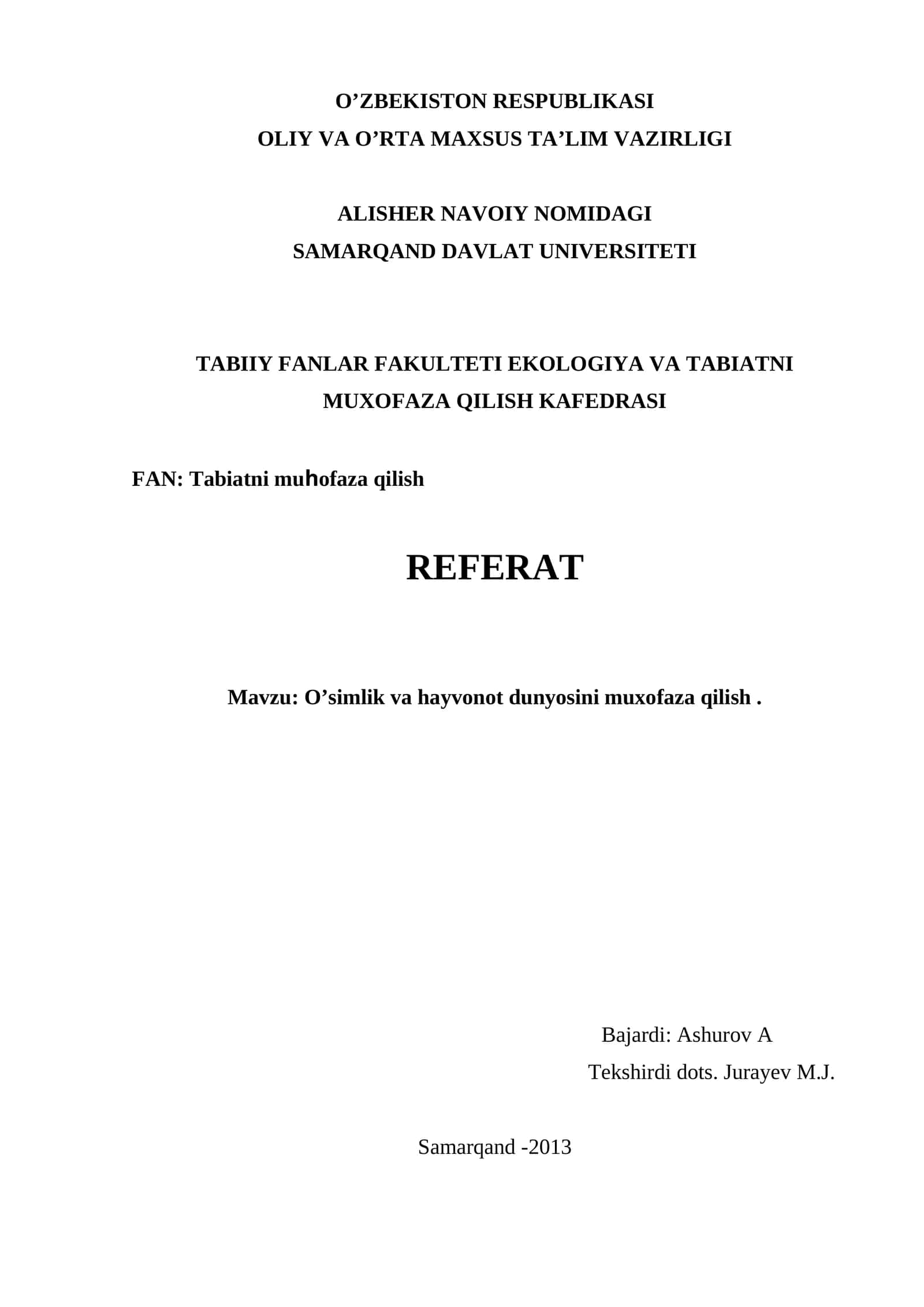 O’simlik va hayvonot dunyosini muxofaza qilish 1