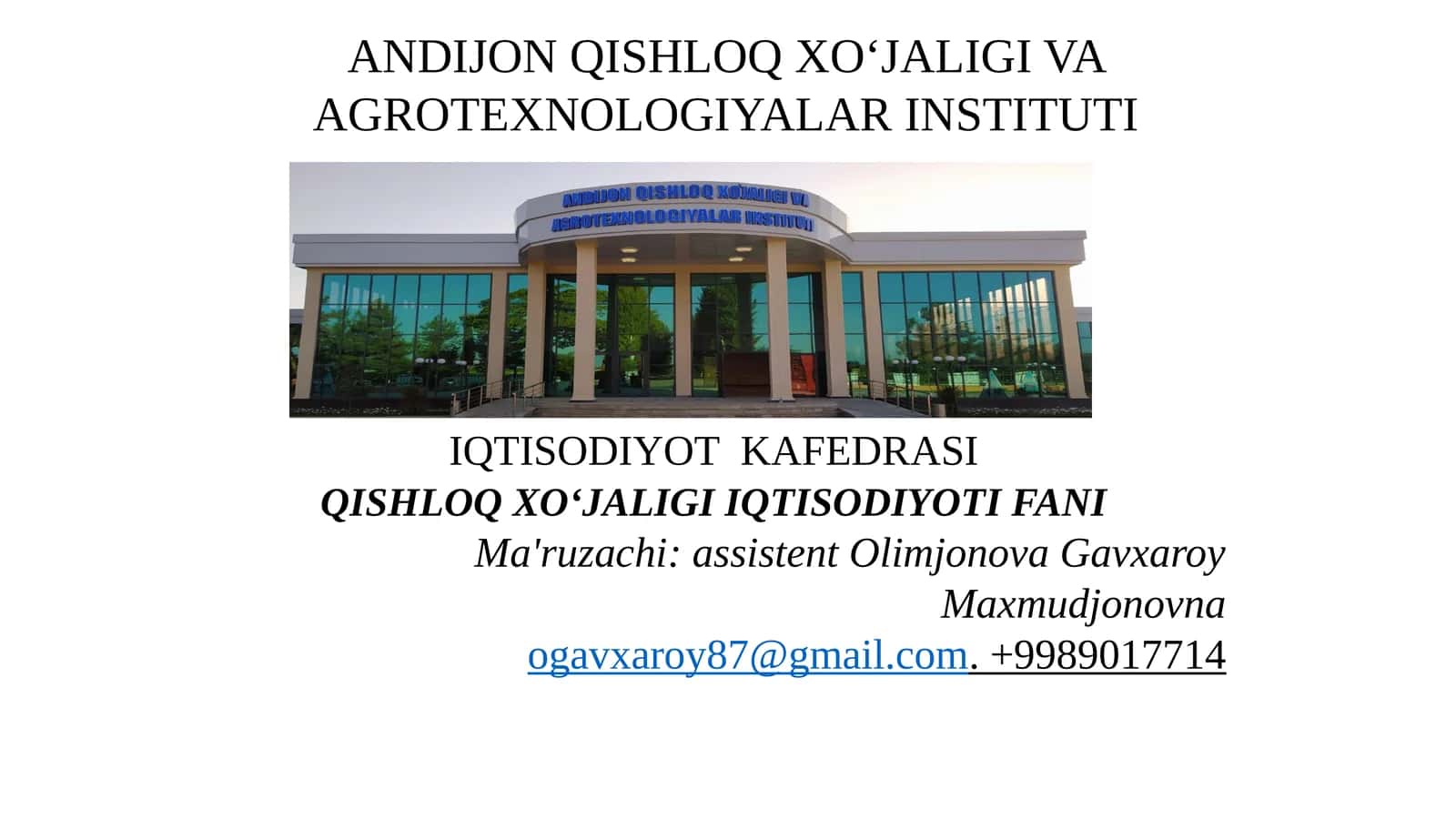 Qishloq xo‘jaligi iqtisodiyoti fanining jadvali 1