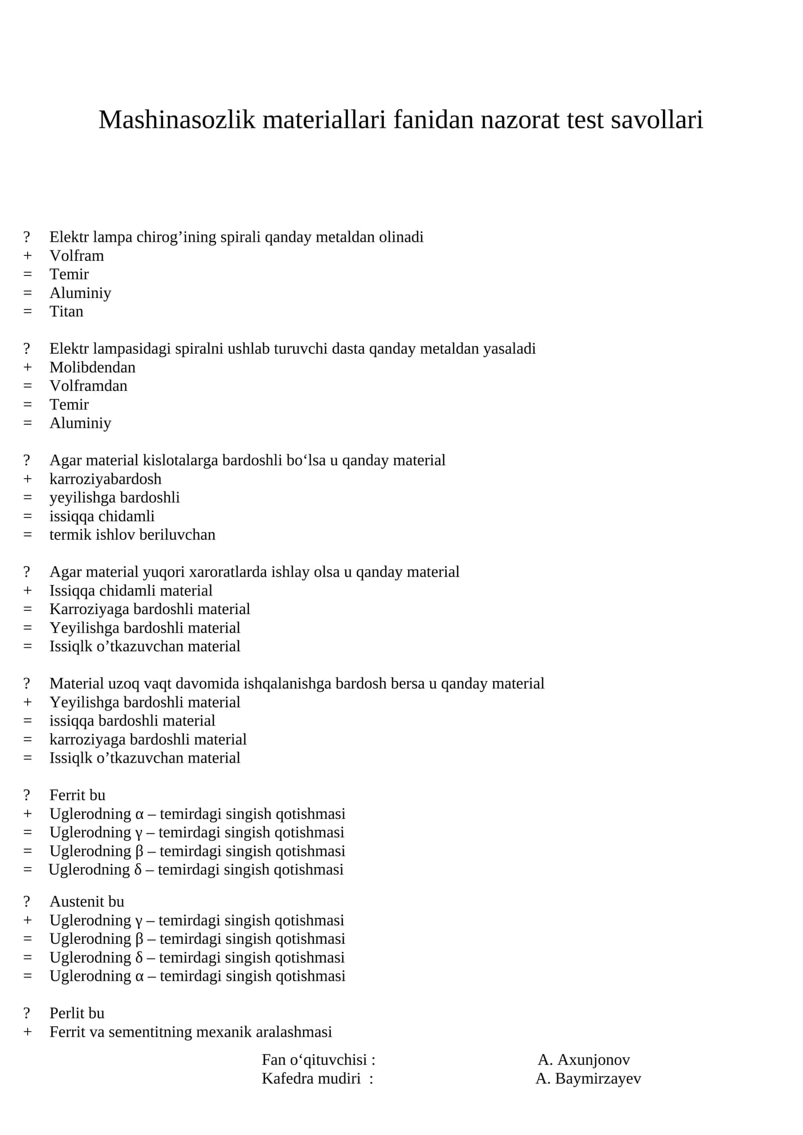 Mashinasozlik materiallari fanidan nazorat test savollari 1