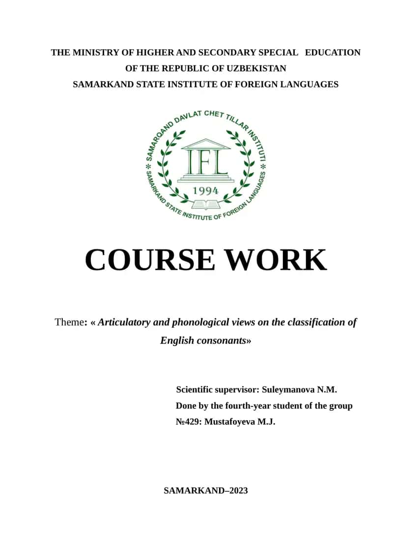 Course Work on Classification of English Consonants 1