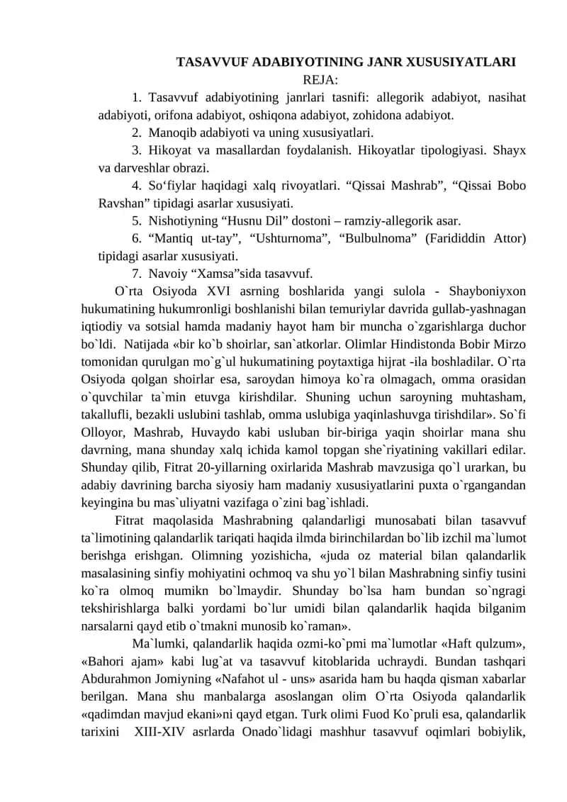 TASAVVUF ADABIYOTINING JANR XUSUSIYATLARI 1
