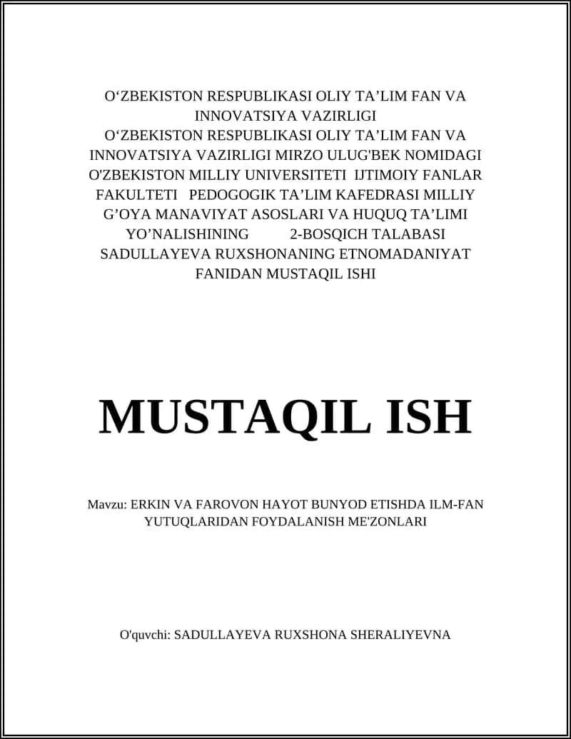 ERKIN VA FAROVON HAYOT BUNYOD ETISHDA ILM-FAN YUTUQLARIDAN FOYDALANISH ME'ZONLARI 1