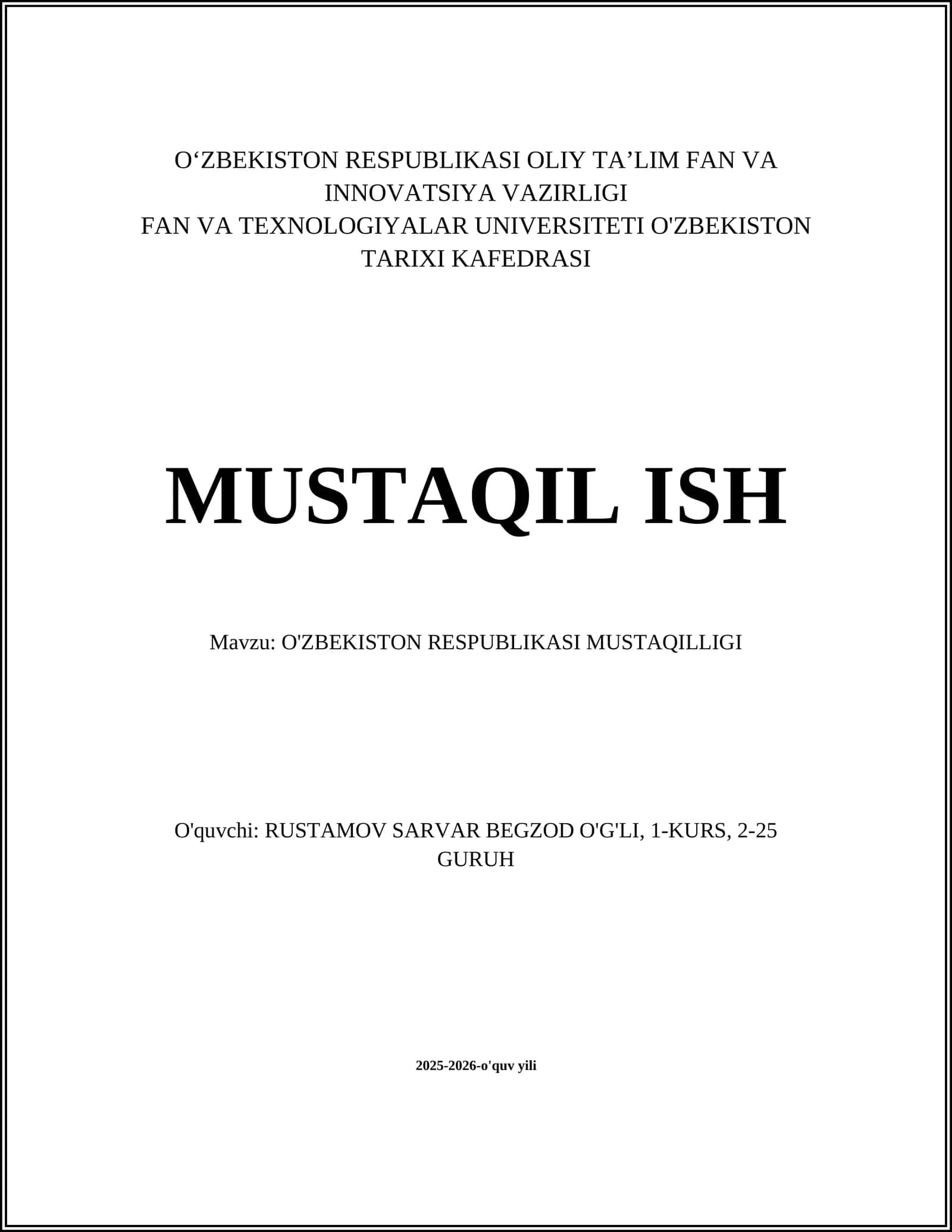 O'ZBEKISTON RESPUBLIKASI MUSTAQILLIGI 1
