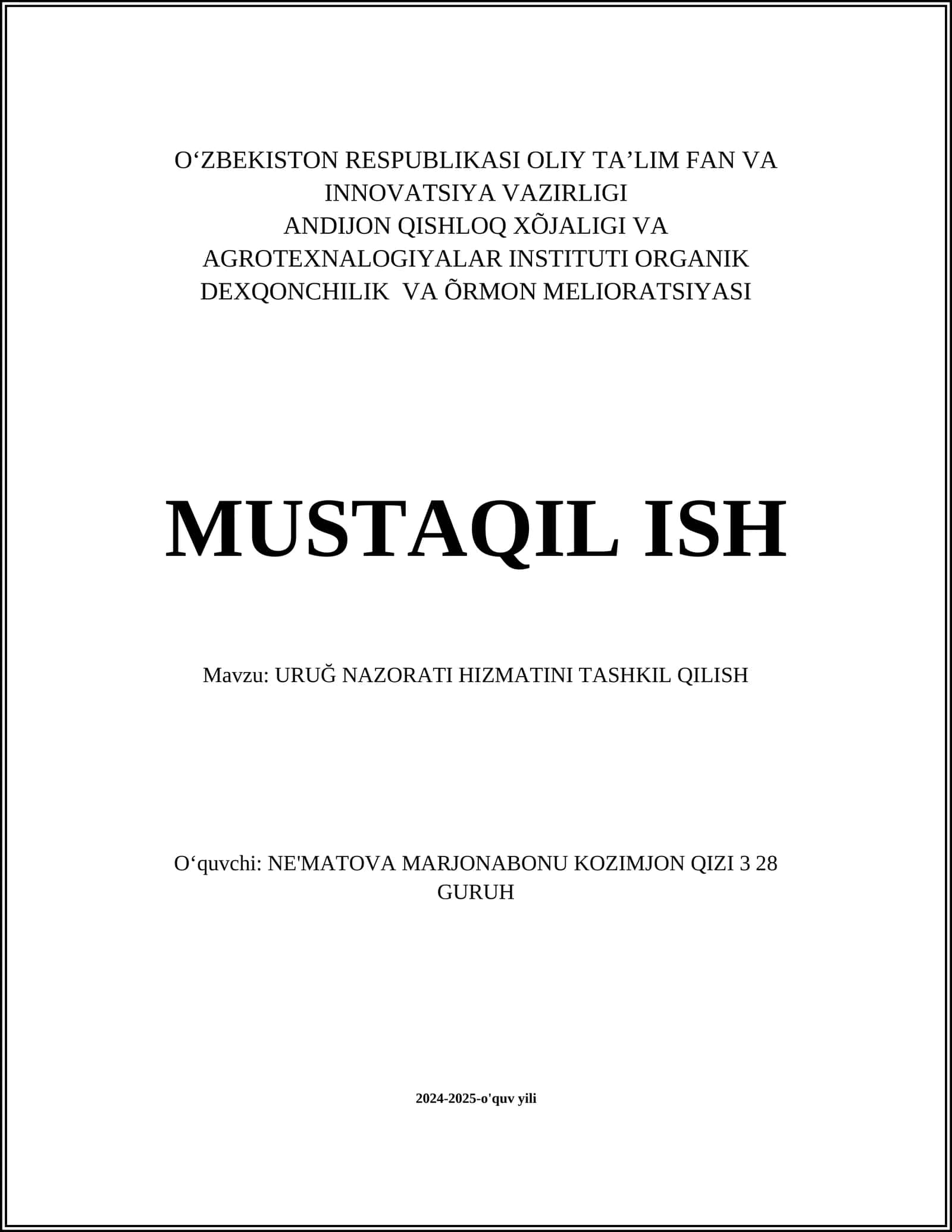 URUĞ NAZORATI HIZMATINI TASHKIL QILISH 1