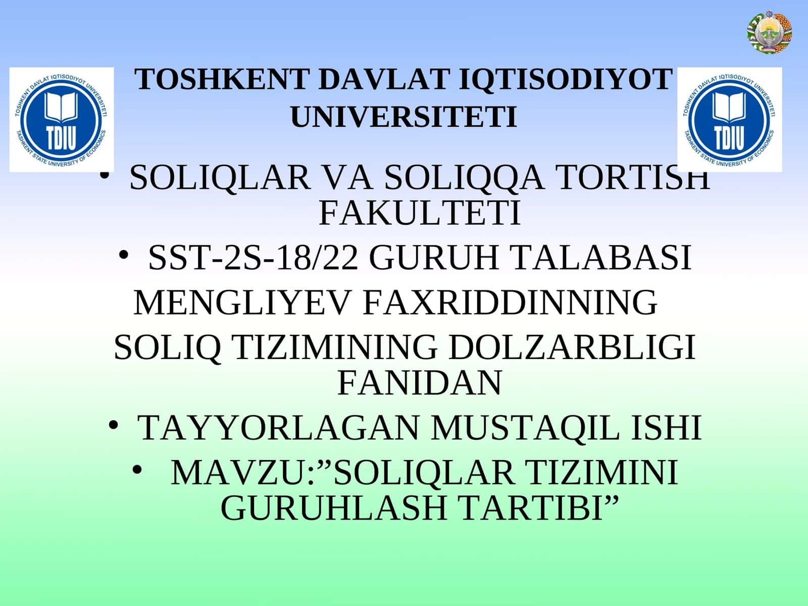 “SOLIQLAR TIZIMINI GURUHLASH TARTIBI” 1