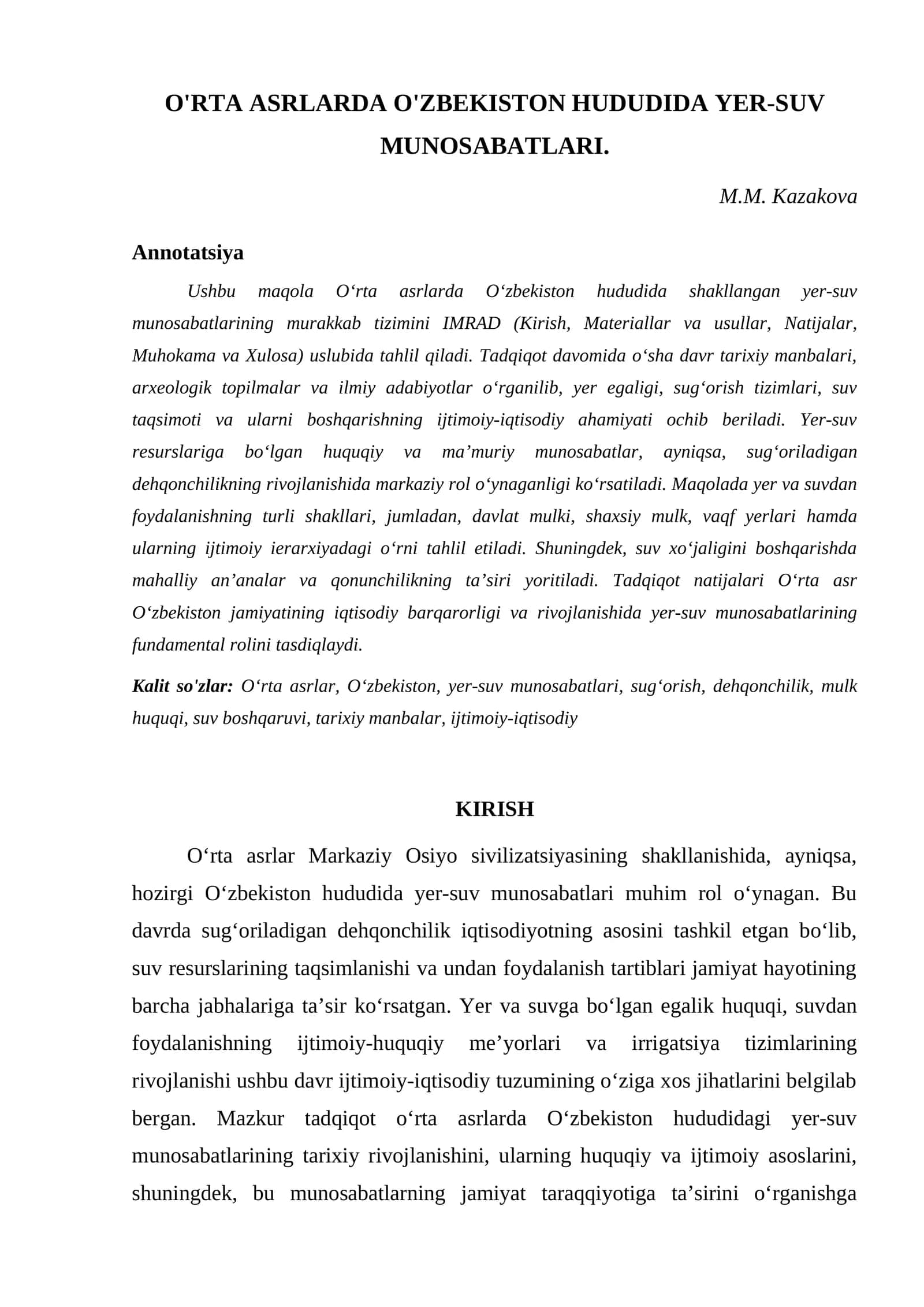 O'RTA ASRLARDA O'ZBEKISTON HUDUDIDA YER-SUV MUNOSABATLARI 1