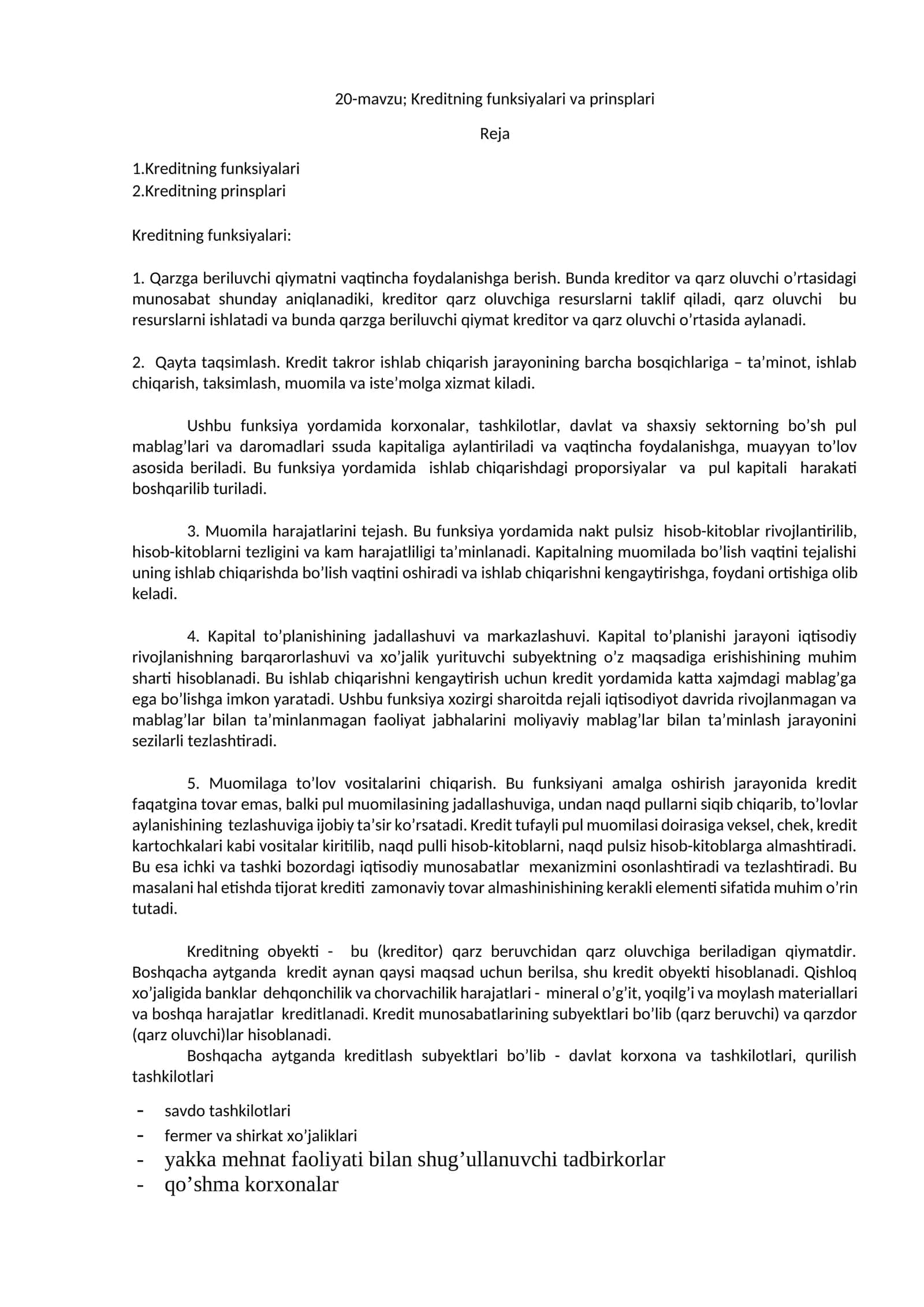 Kreditning funksiyalari va prinsplari 1