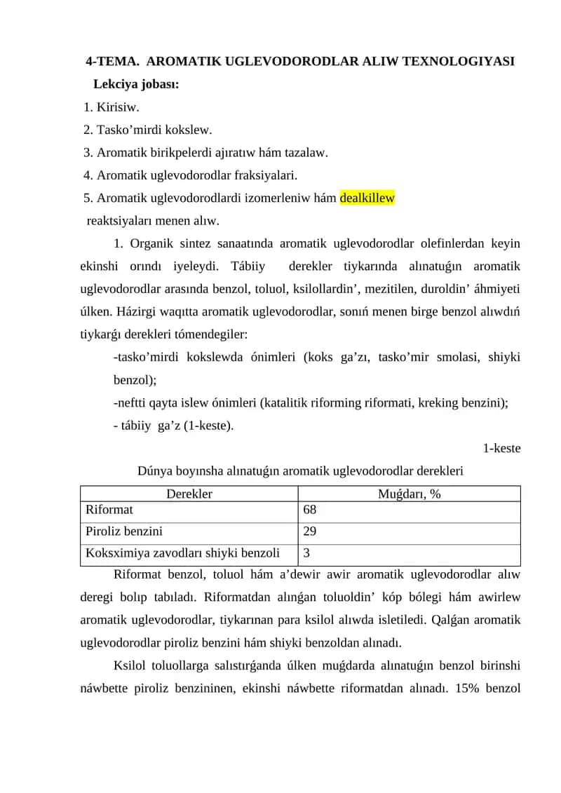AROMATIK UGLEVODORODLAR ALIW TEXNOLOGIYASI 1