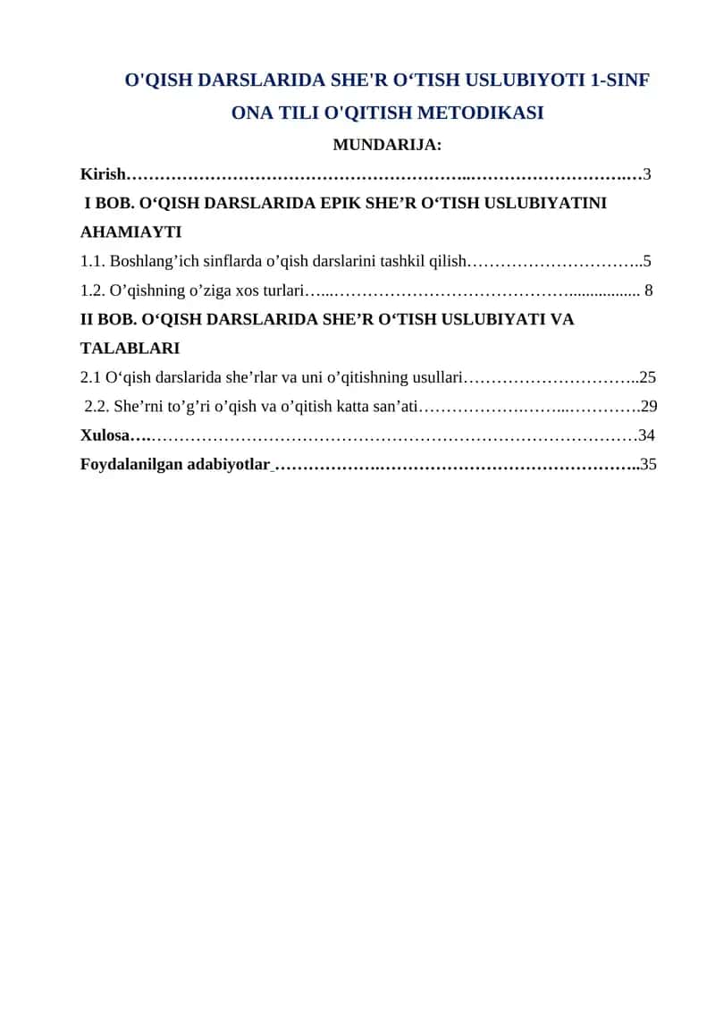 O'QISH DARSLARIDA SHE'R OʻTISH USLUBIYOTI 1-SINF ONA TILI O'QITISH METODIKASI 1
