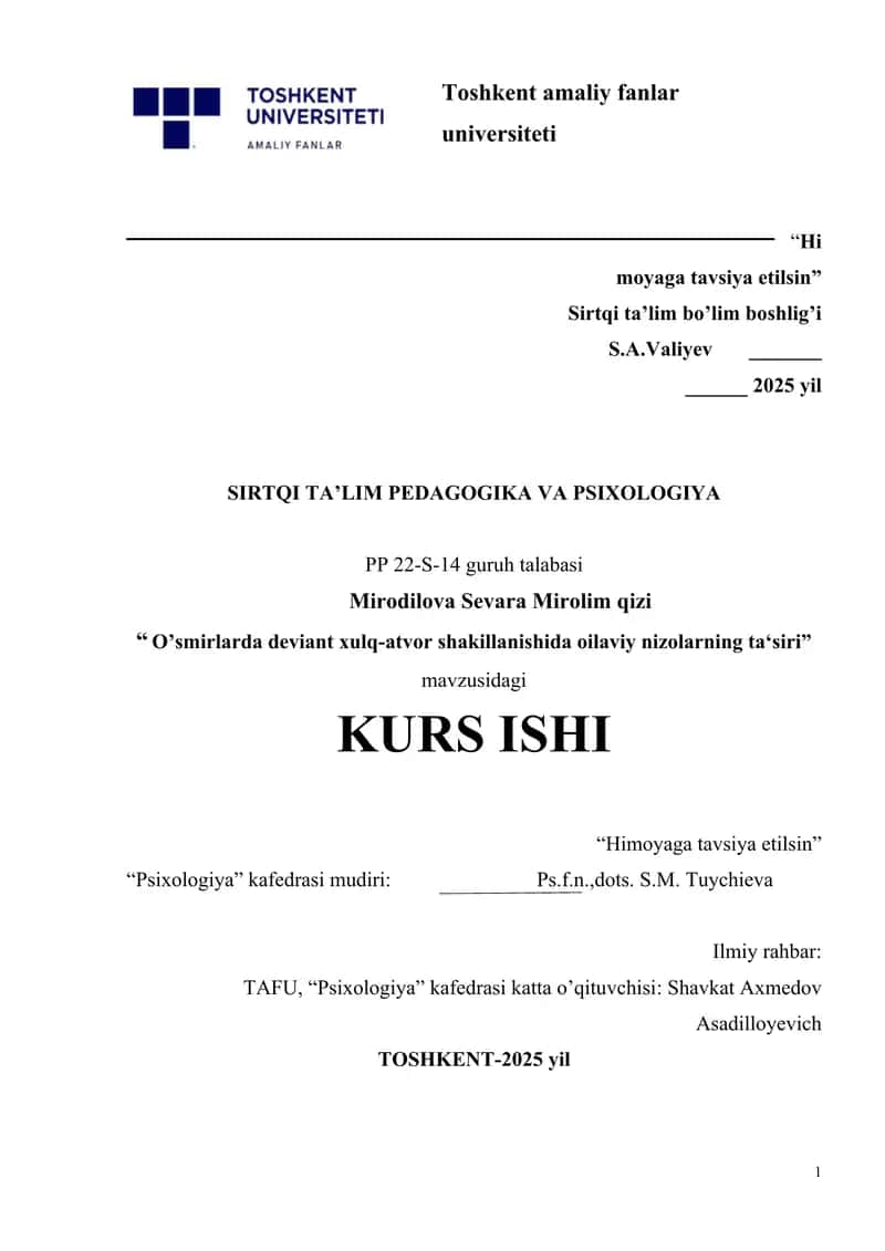 O’smirlarda deviant xulq-atvor shakillanishida oilaviy nizolarning ta‘siri 1