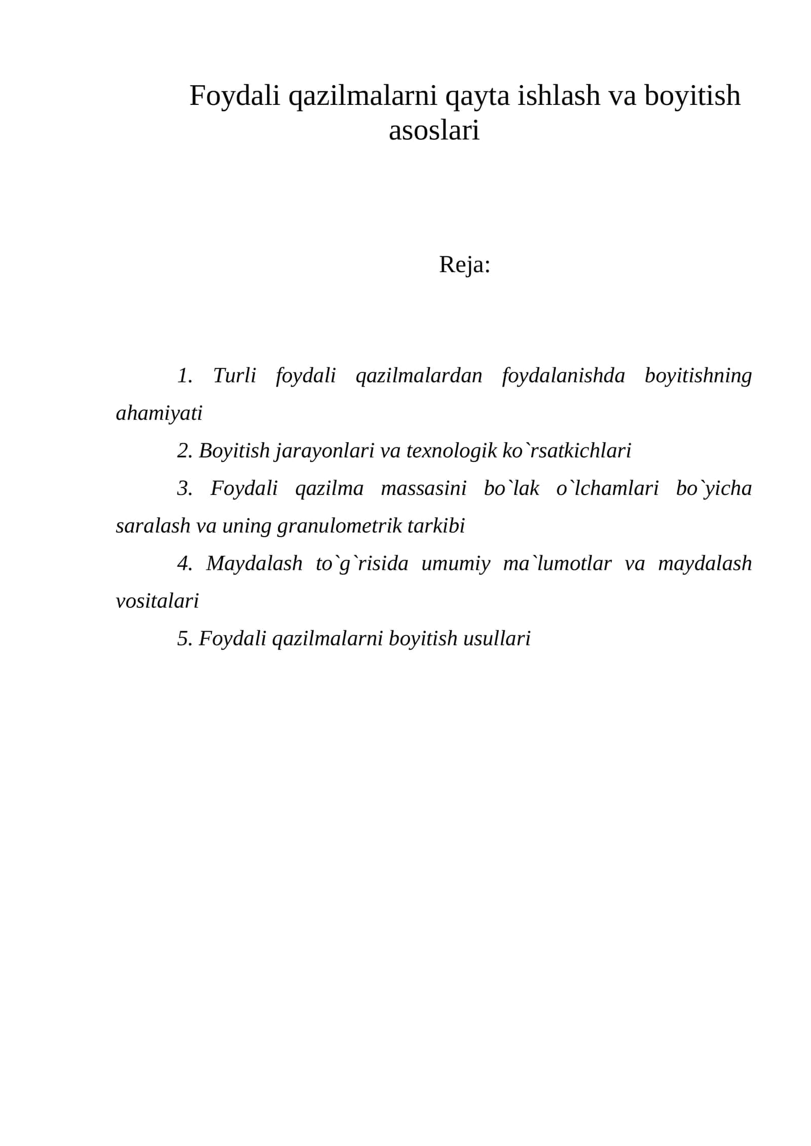 Foydali qazilmalarni qayta ishlash va boyitish asoslari 1
