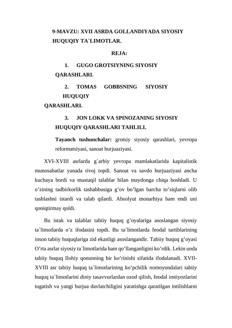 XVII ASRDA GOLLANDIYADA SIYOSIY HUQUQIY TA`LIMOTLAR 1
