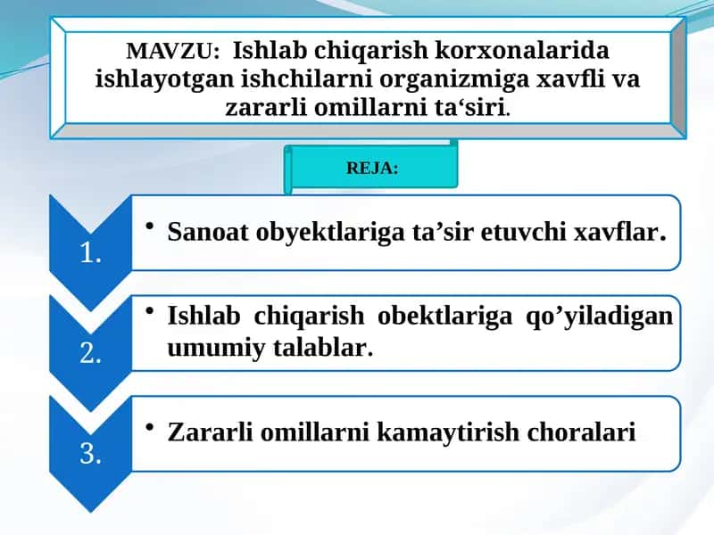 Ishlabchiqarish korxonalarida ishlayotgan ishchilarni organizmiga xavfli vazararli omillar ta'siri 1