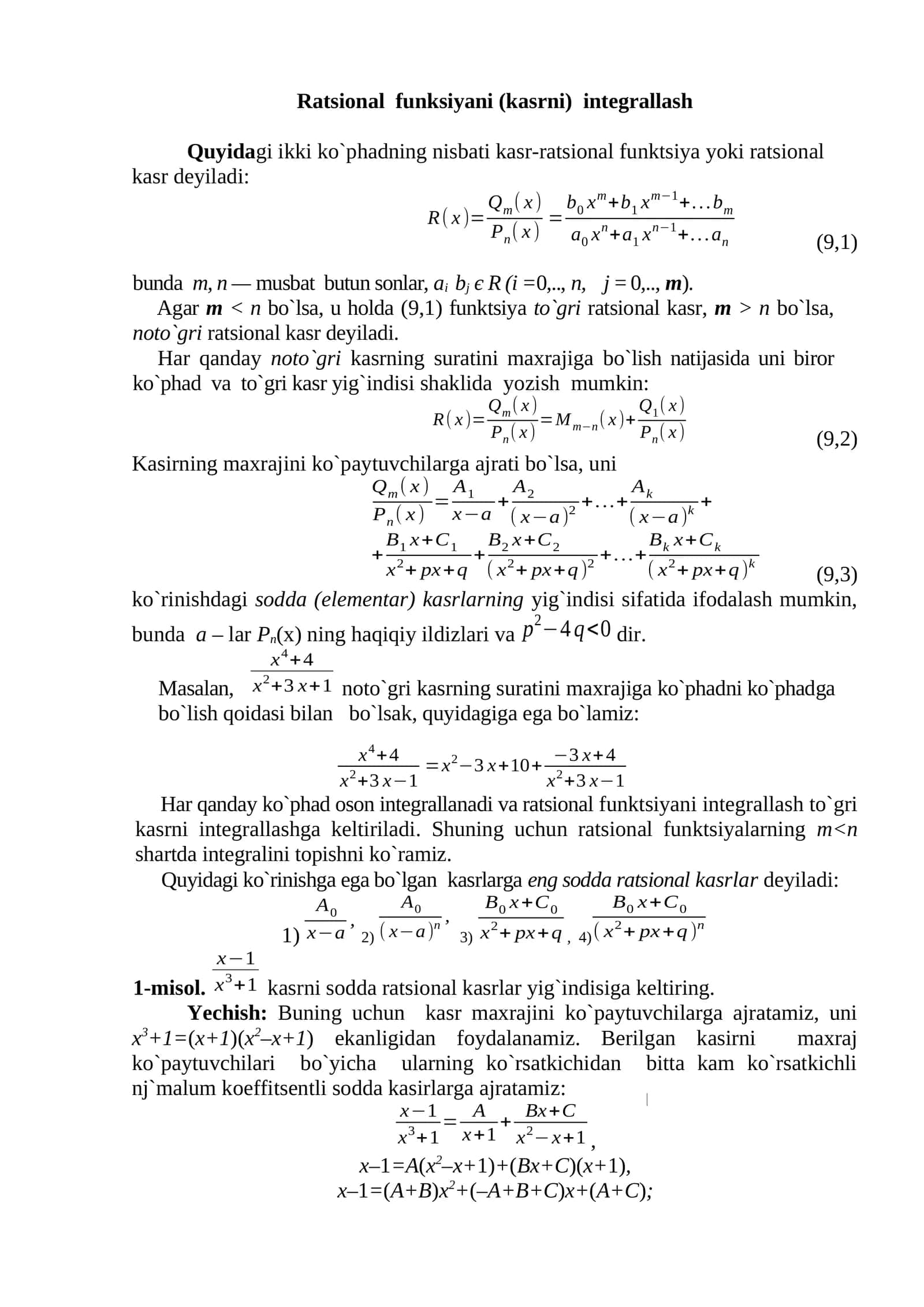 Ratsional funksiyani (kasrni) integrallash 1