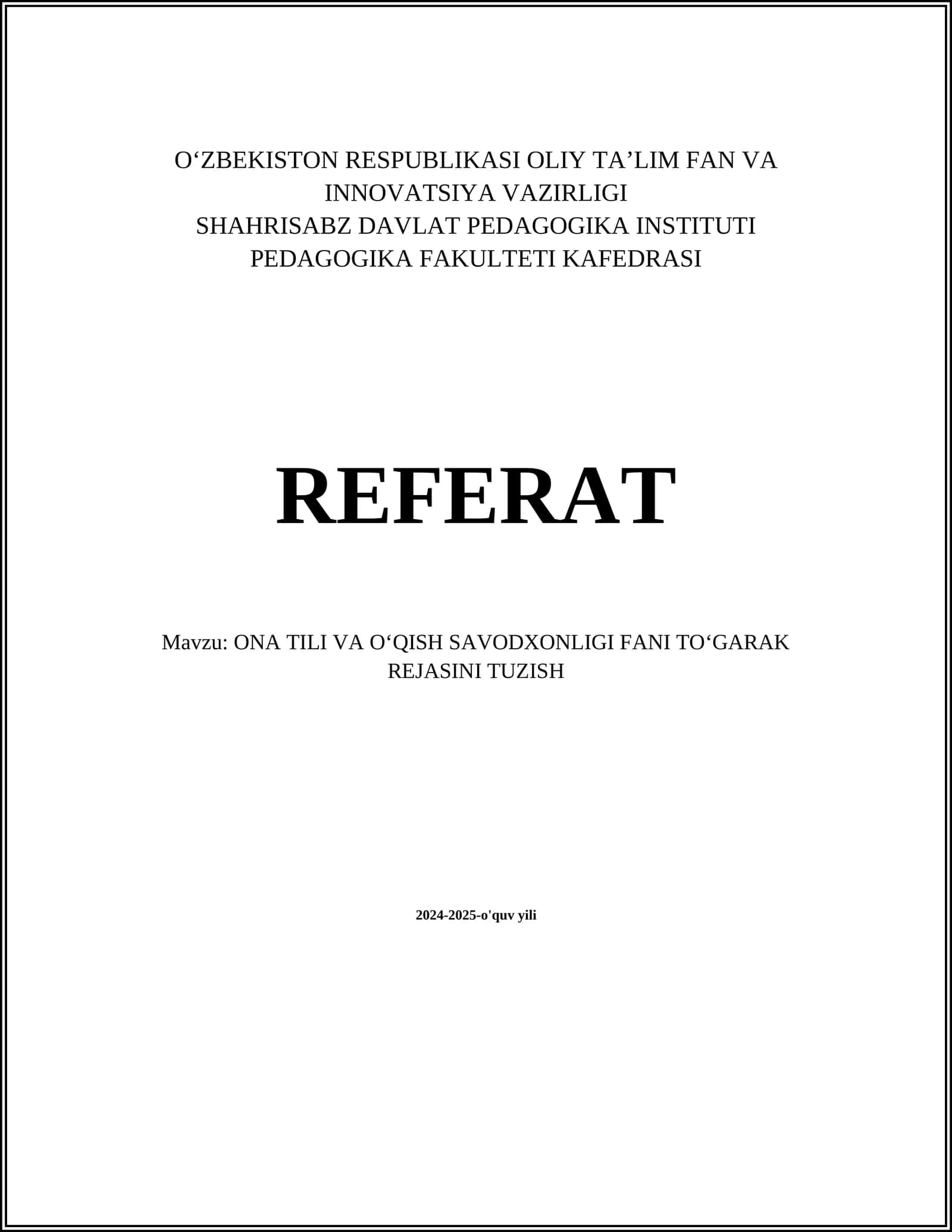 ONA TILI VA OʻQISH SAVODXONLIGI FANI TOʻGARAK REJASINI TUZISH 1