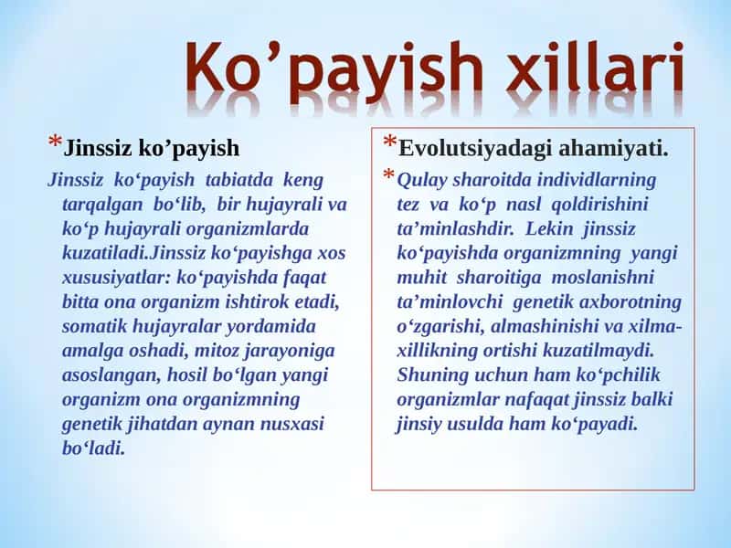 Organizmlarning ko‘payishi. Jinssiz ko‘payish 1