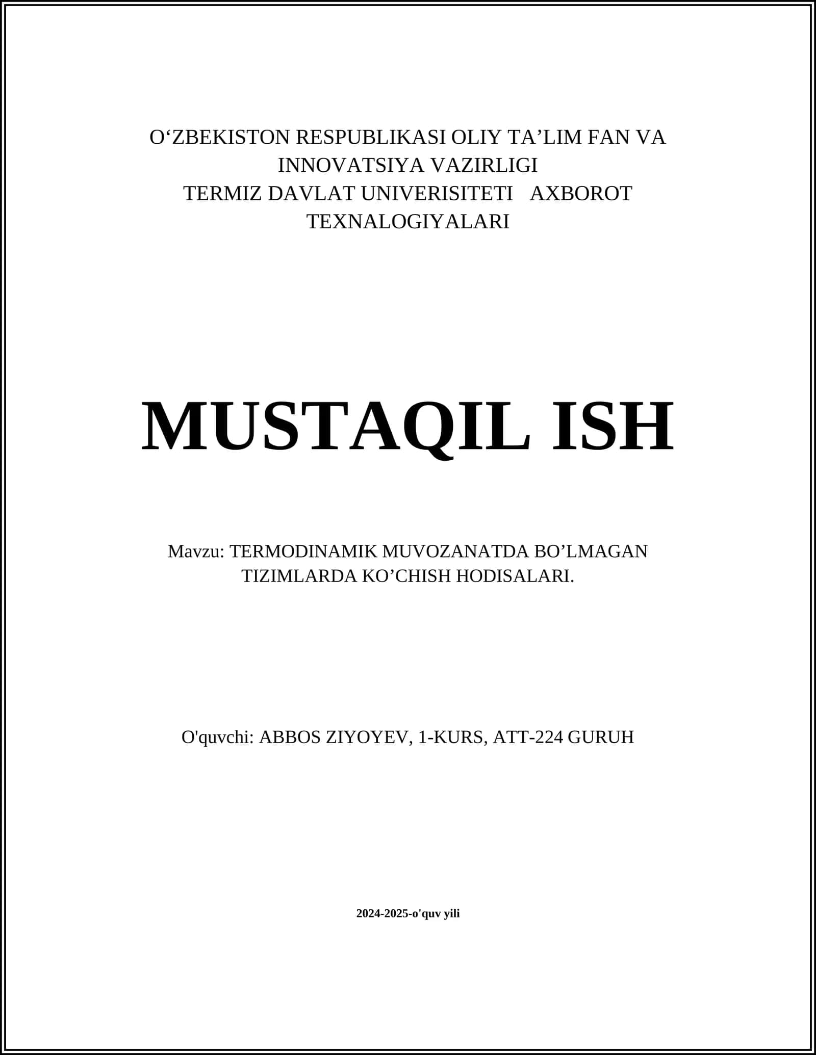 TERMODINAMIK MUVOZANATDA BO’LMAGAN TIZIMLARDA KO’CHISH HODISALARI 1