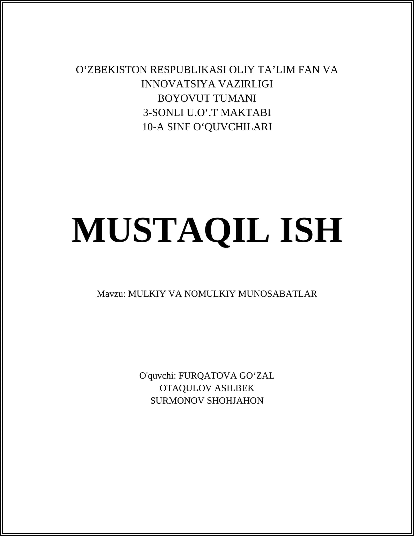 Mulkiy va Nomulkiy Munosabatlar 1