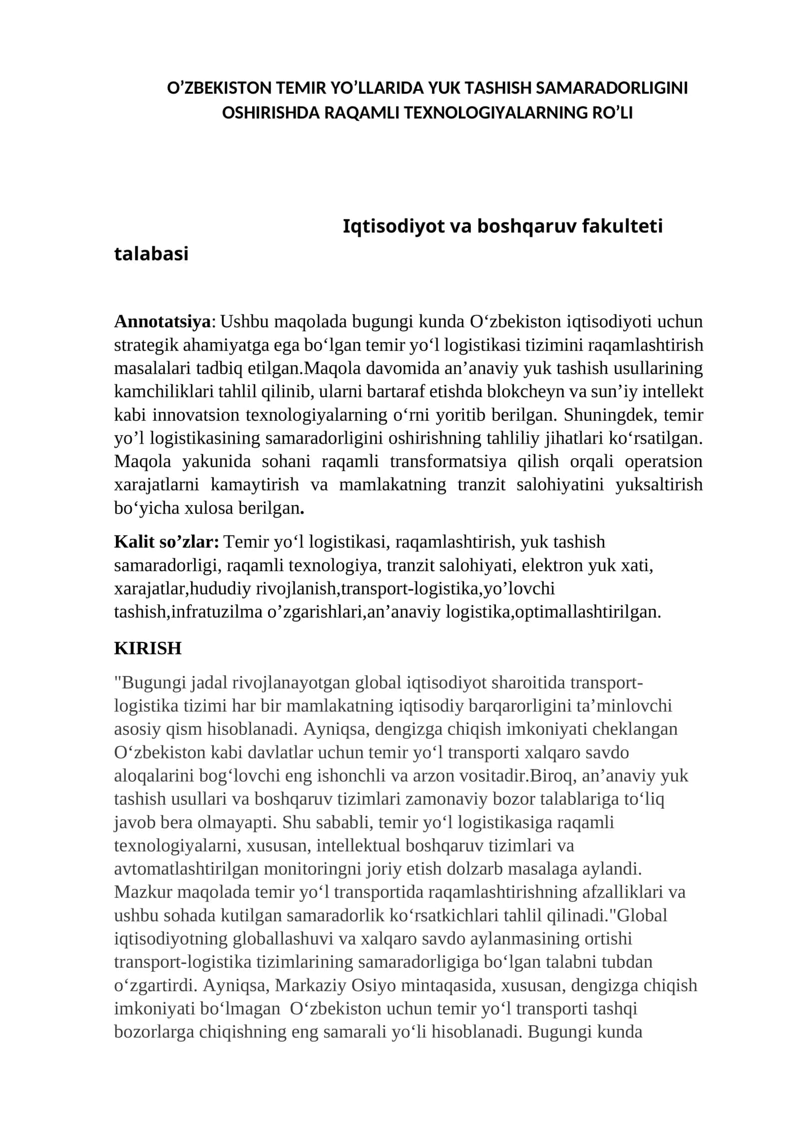 O'ZBEKISTON TEMIR YO’LLARIDA YUK TASHISH SAMARADORLIGINI OSHIRISHDA RAQAMLI TEXNOLOGIYALARNING RO’LI 1